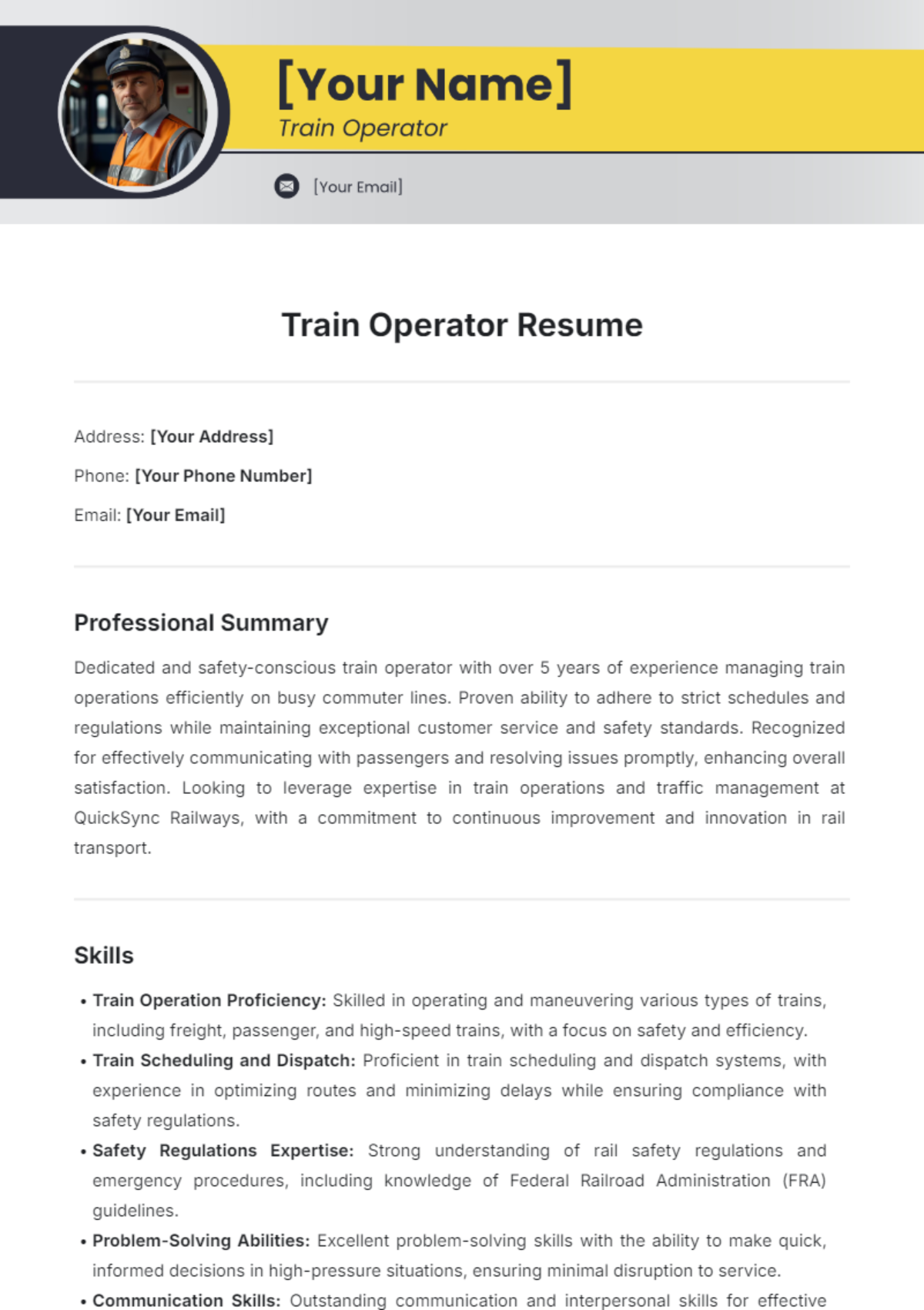 Train Operator Resume Template - Edit Online & Download