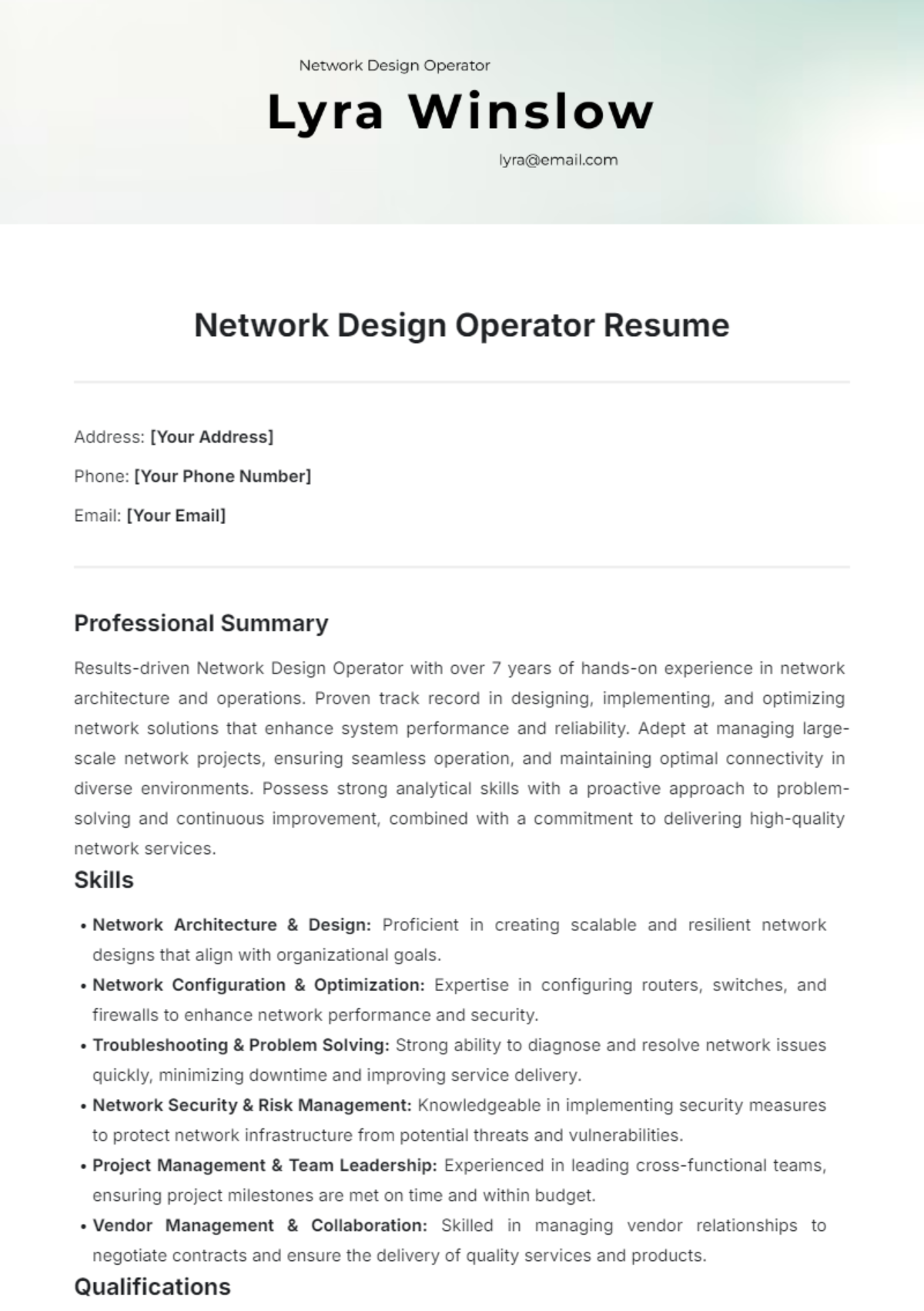 Network Design Operator Resume Template - Edit Online & Download