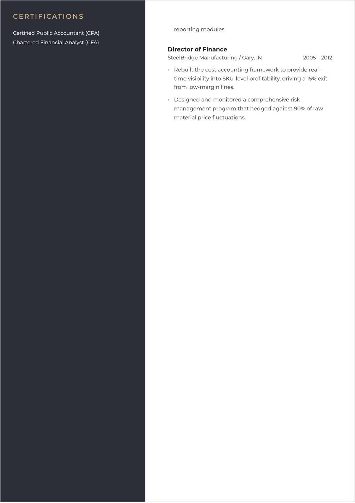 Free Sample CFO ATS Resume Template, AI Resume Builder