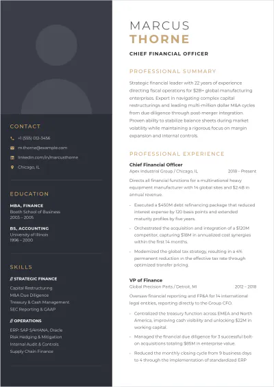 Free Sample CFO ATS Resume Template, AI Resume Builder