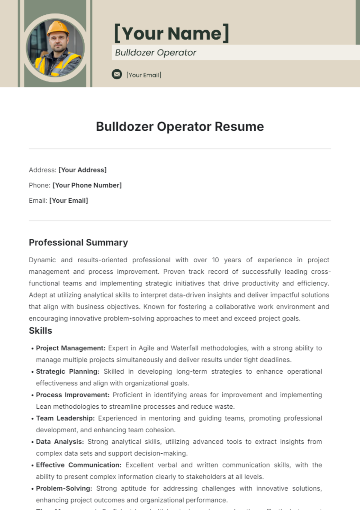 Bulldozer Operator Resume Template - Edit Online & Download