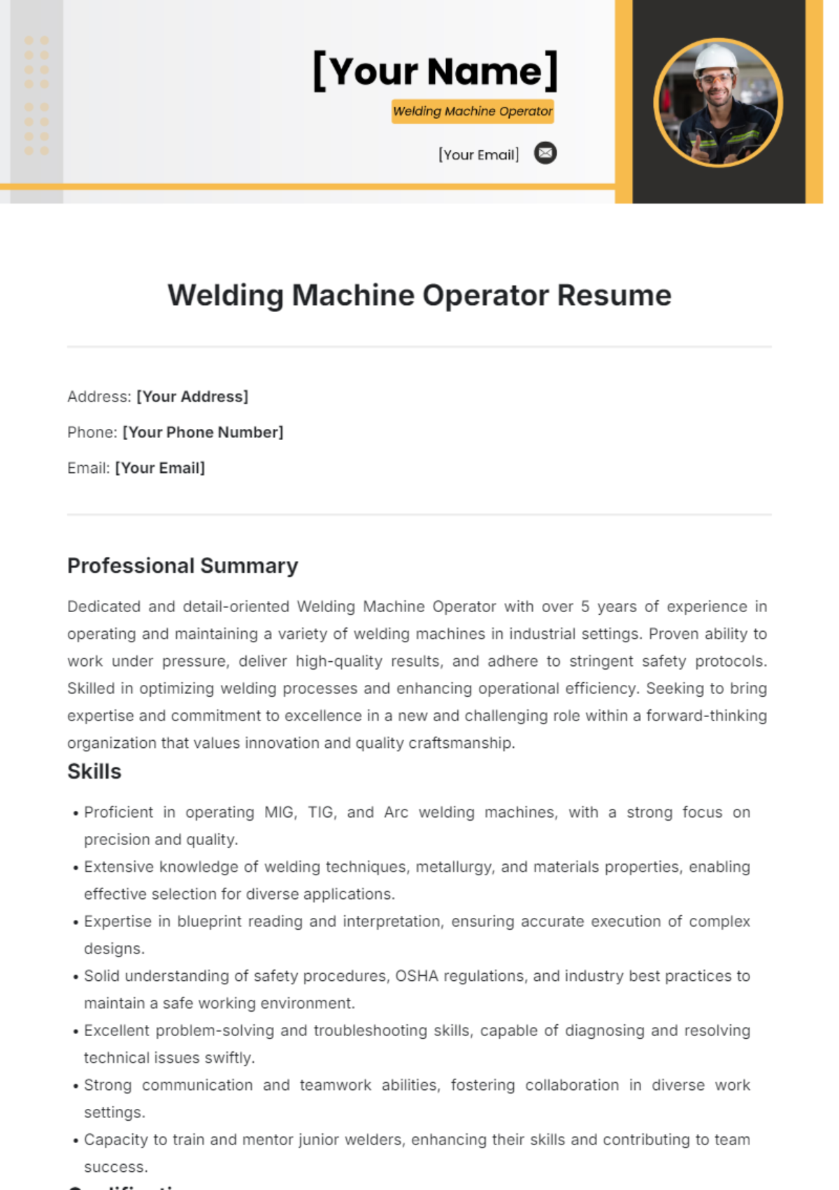 Welding Machine Operator Resume Template - Edit Online & Download