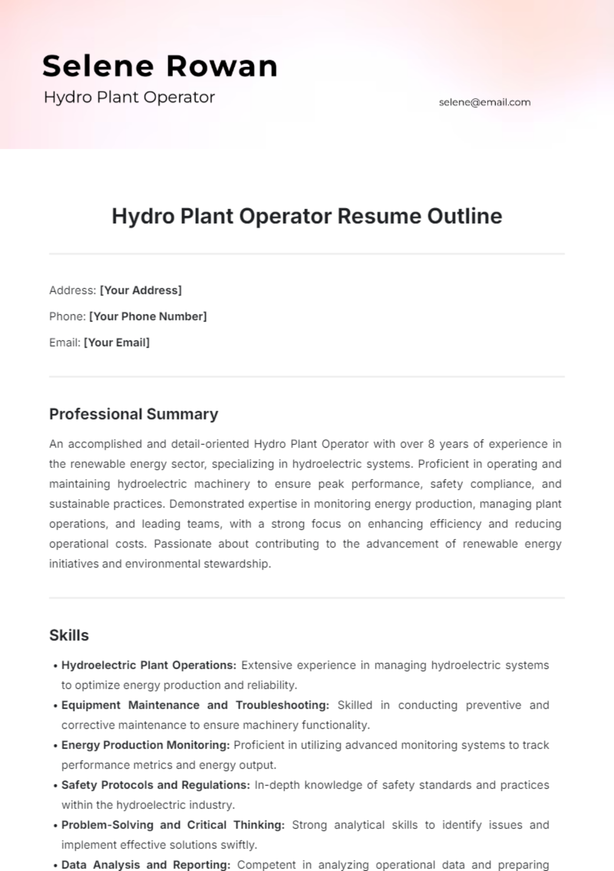 Hydro Plant Operator Resume Outline Template - Edit Online & Download