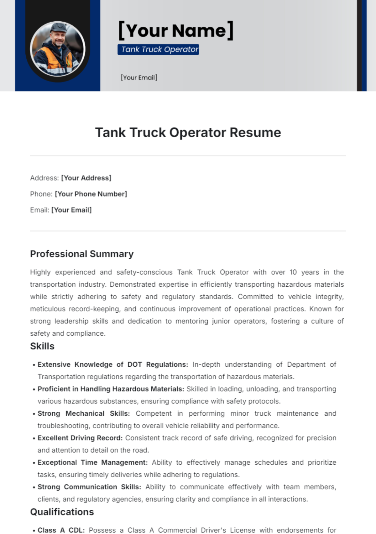 Tank Truck Operator Resume Template - Edit Online & Download