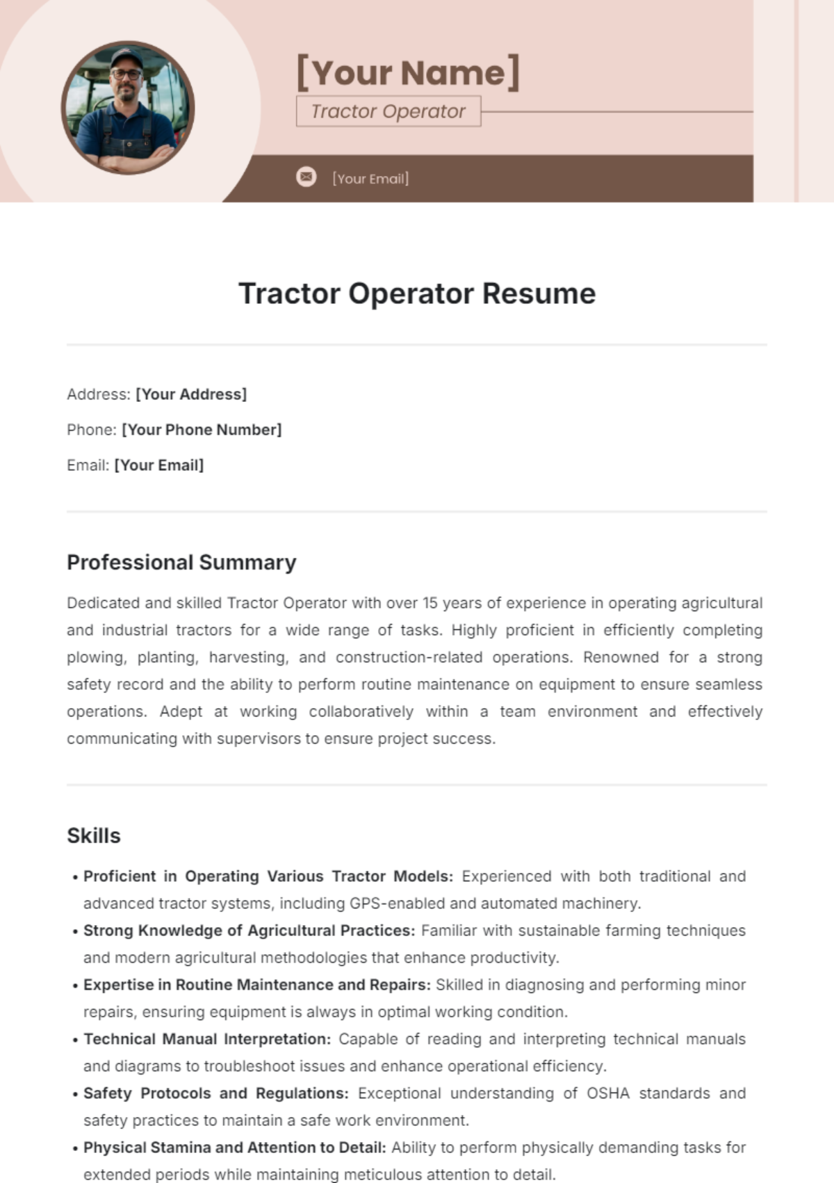 Tractor Operator Resume Template - Edit Online & Download