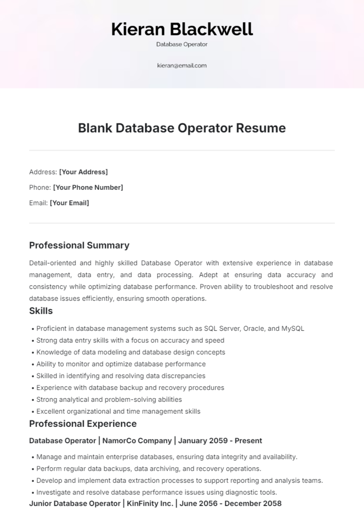 Blank Database Operator Resume Template - Edit Online & Download