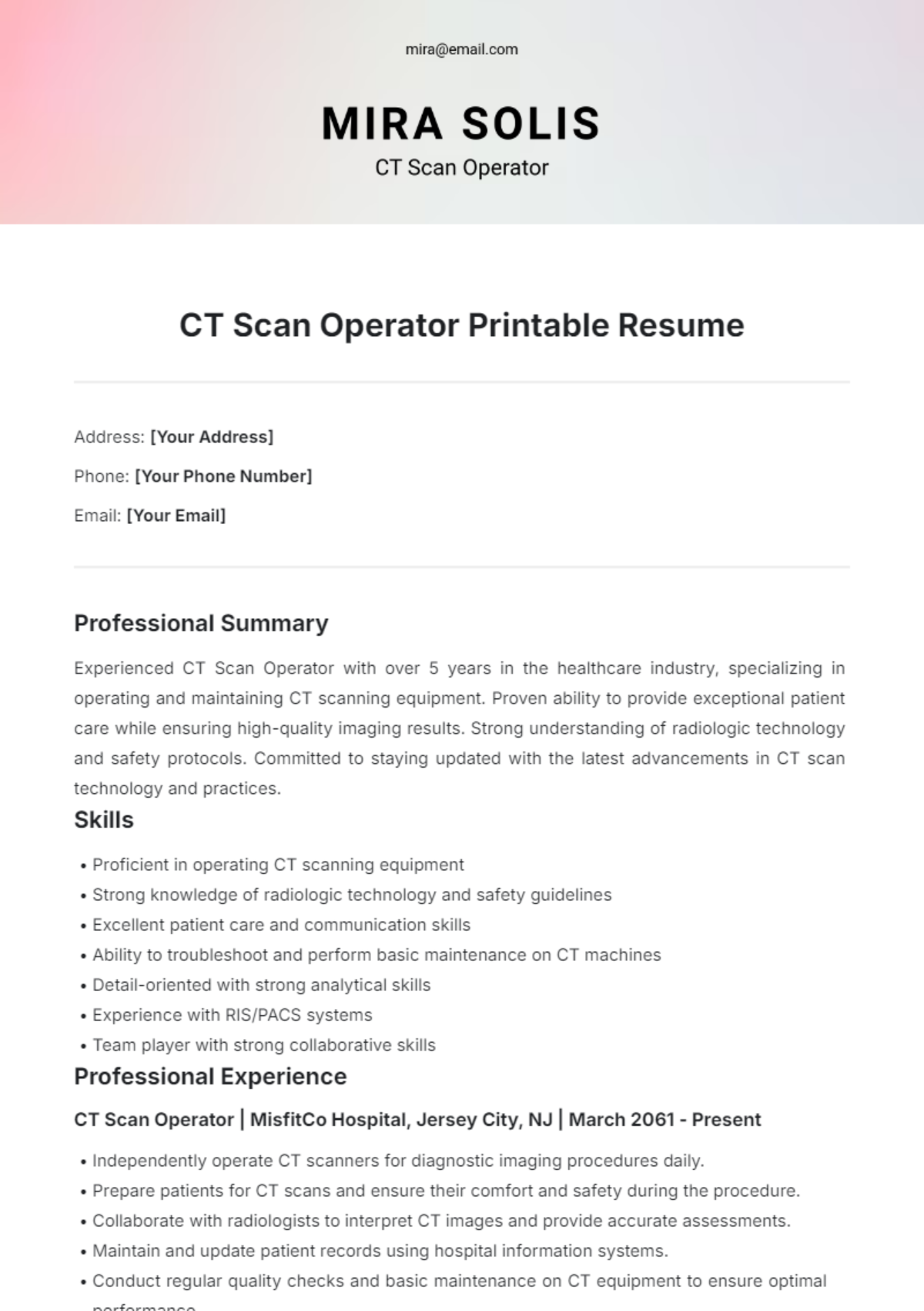 CT Scan Operator Printable Resume Template - Edit Online & Download