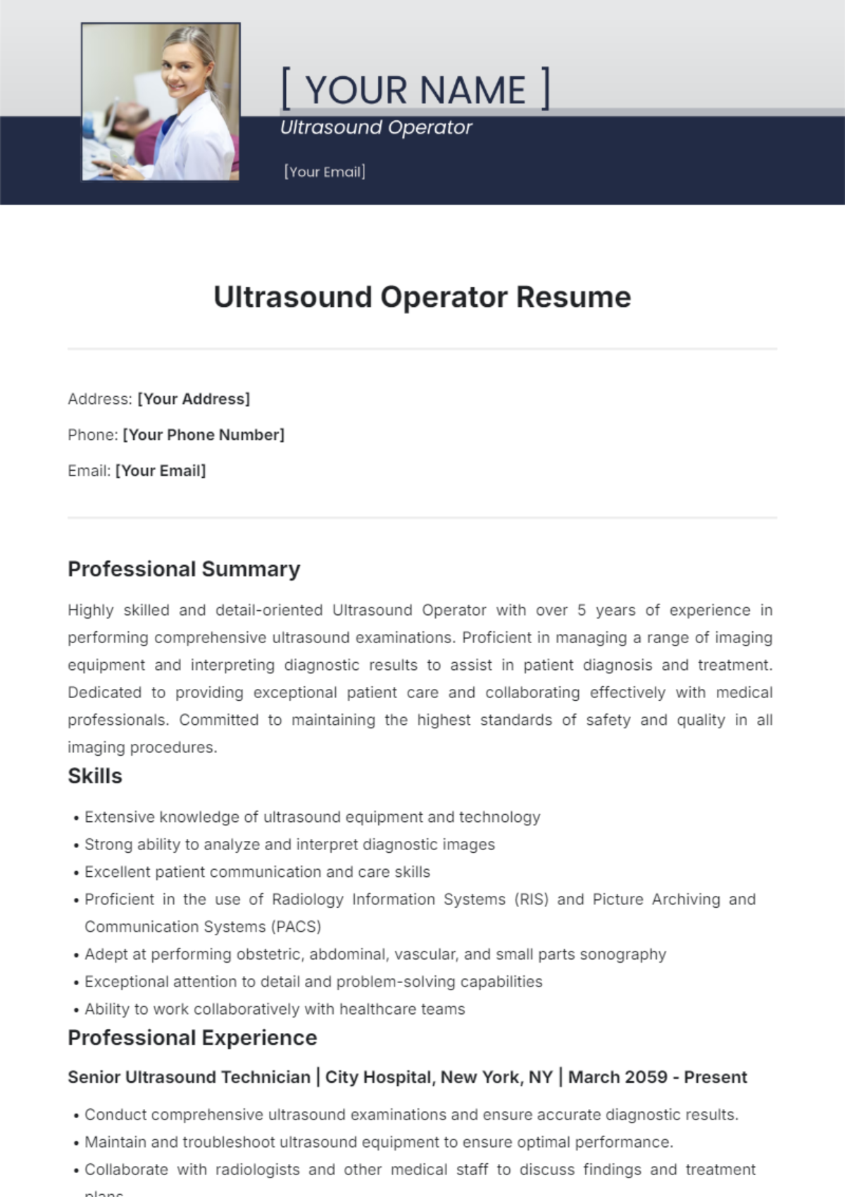 Ultrasound Operator Resume Template - Edit Online & Download