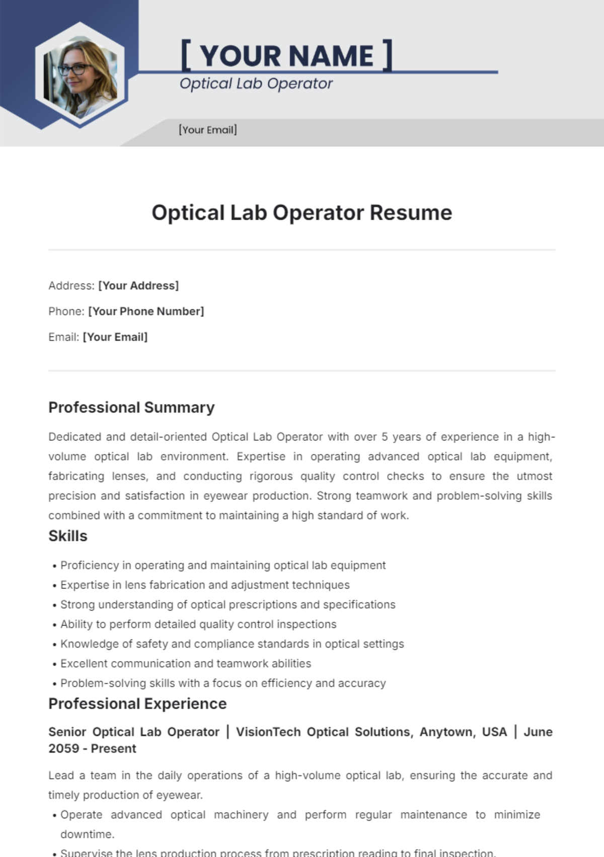 Optical Lab Operator Resume Template - Edit Online & Download