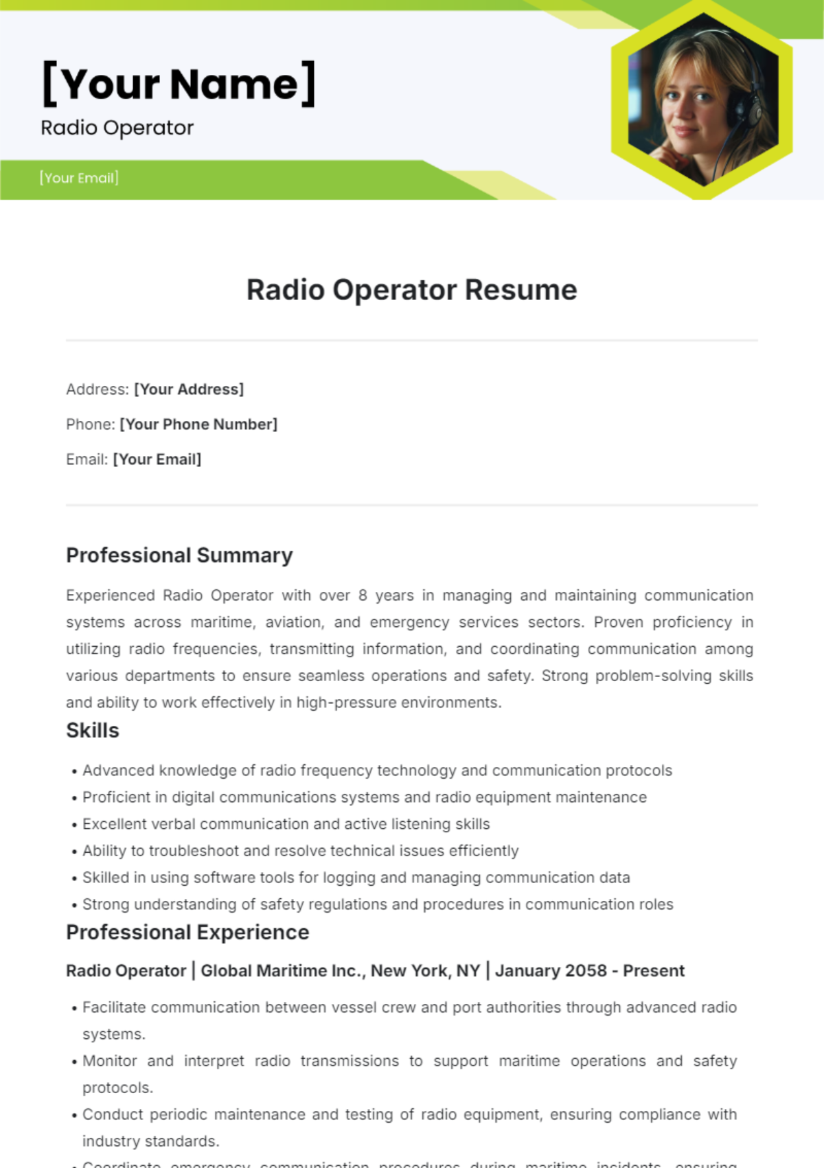 Radio Operator Resume Template - Edit Online & Download