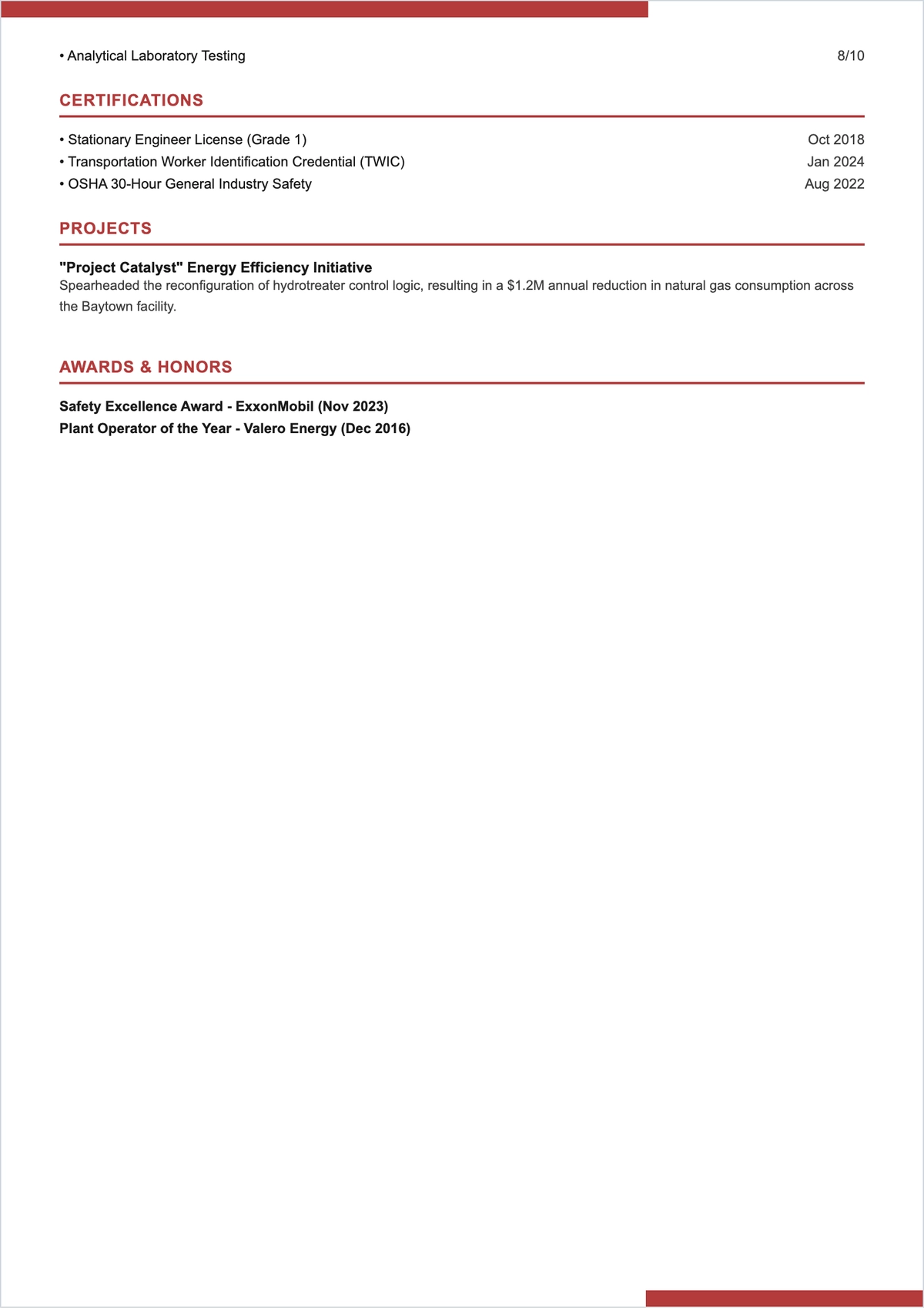 Free Professional Oil Refinery Operator ATS Resume Template