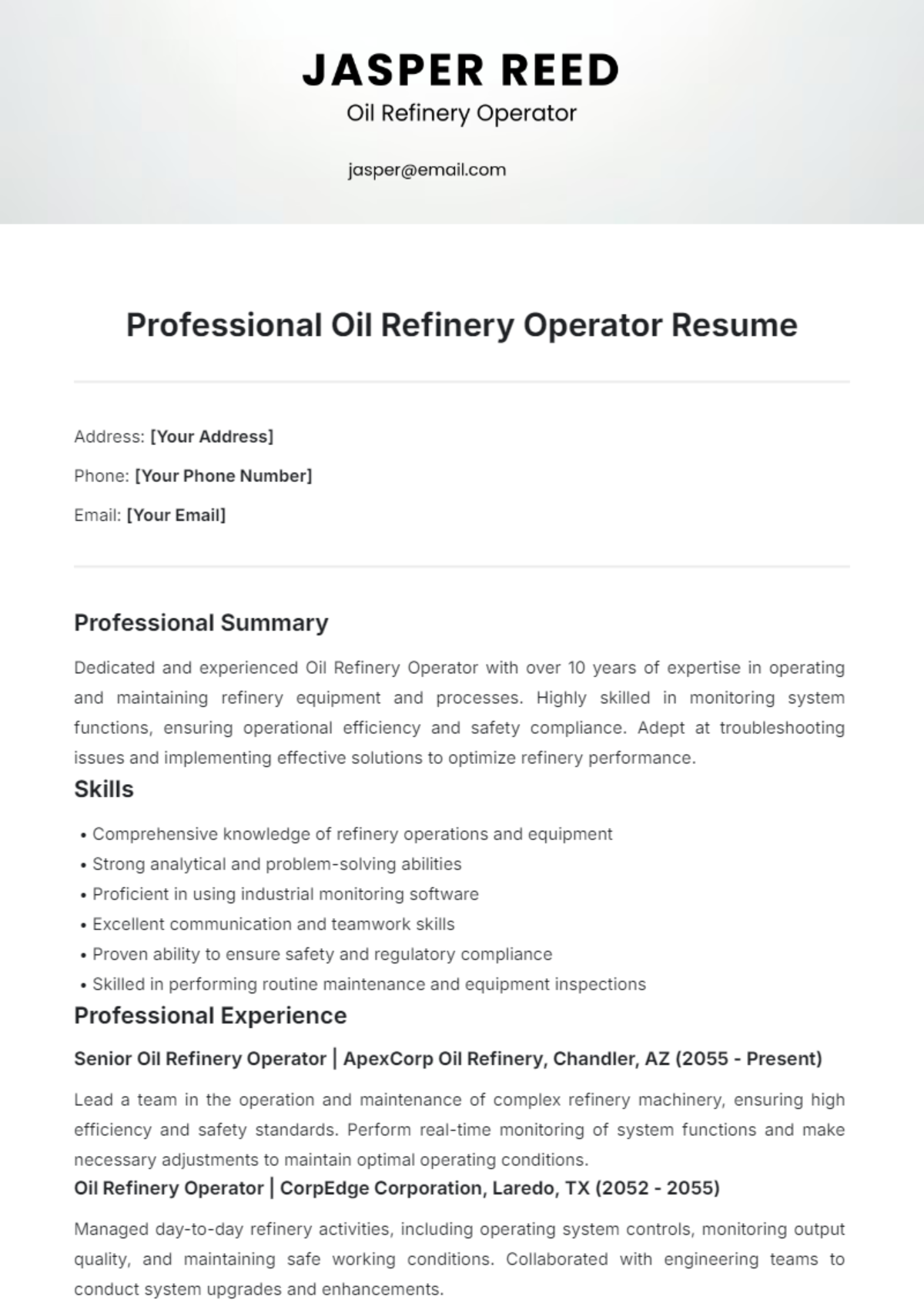 Professional Oil Refinery Operator Resume Template - Edit Online & Download