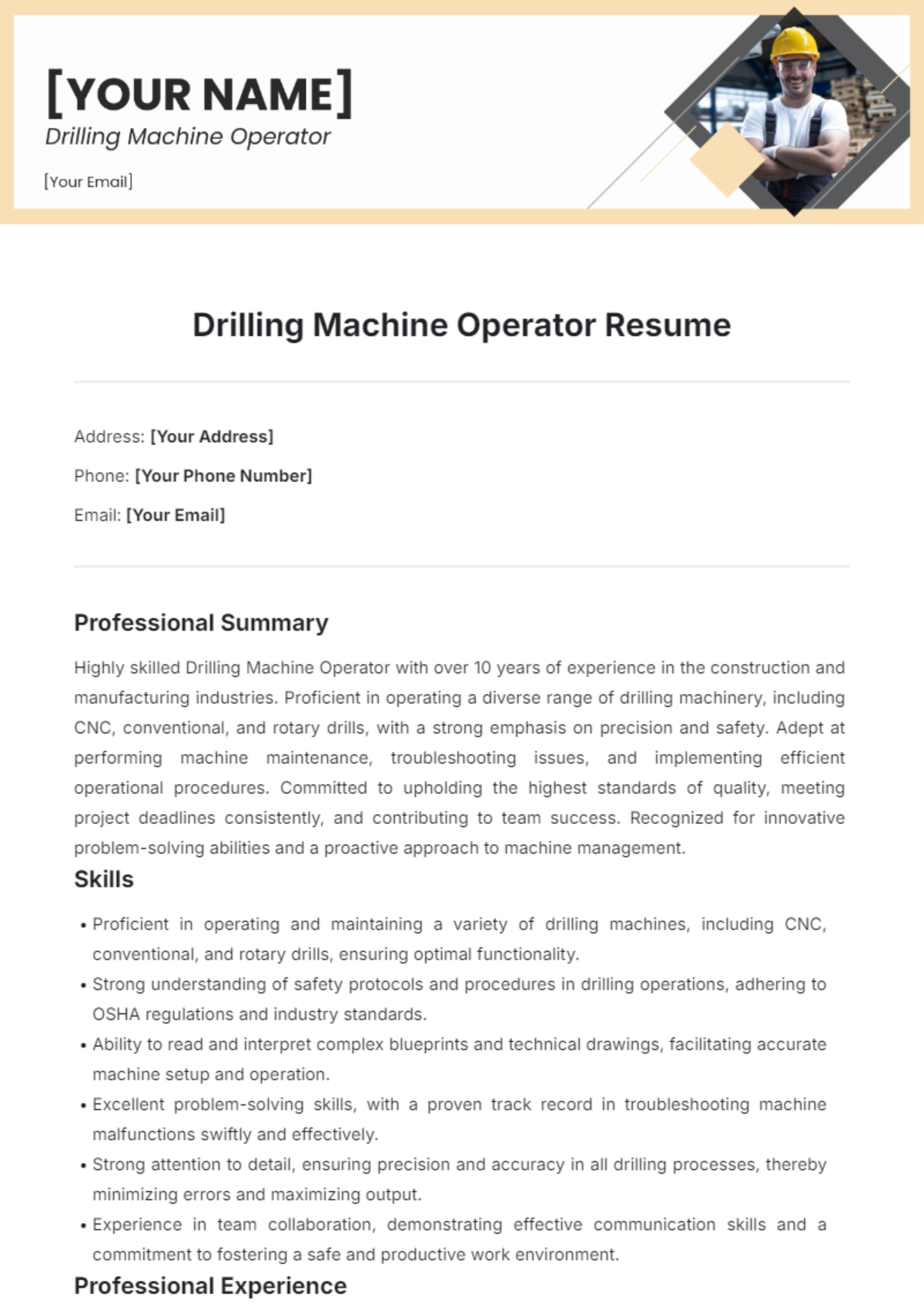 Drilling Machine Operator Resume Template - Edit Online & Download