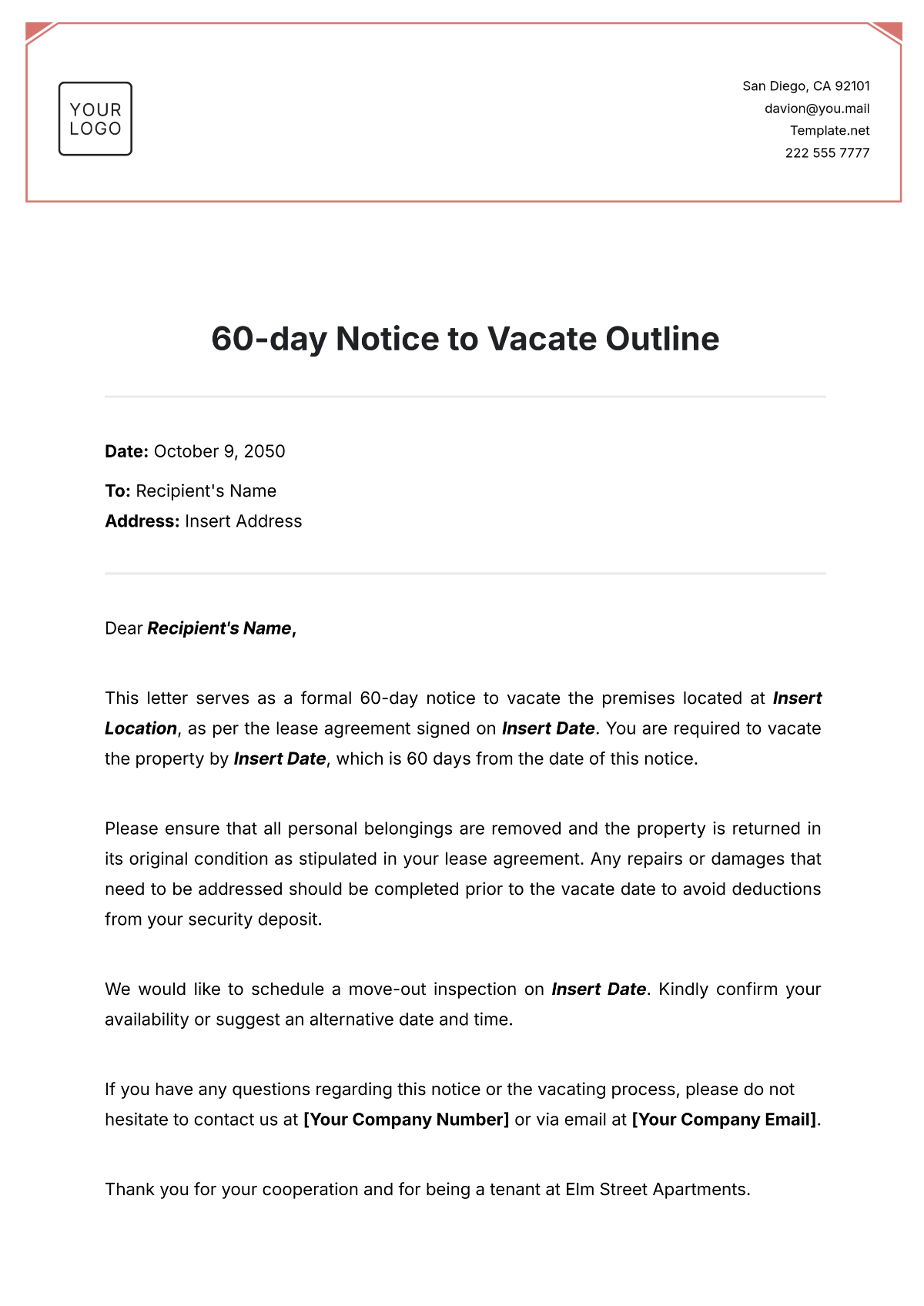 60-day Notice to Vacate Outline Template - Edit Online & Download