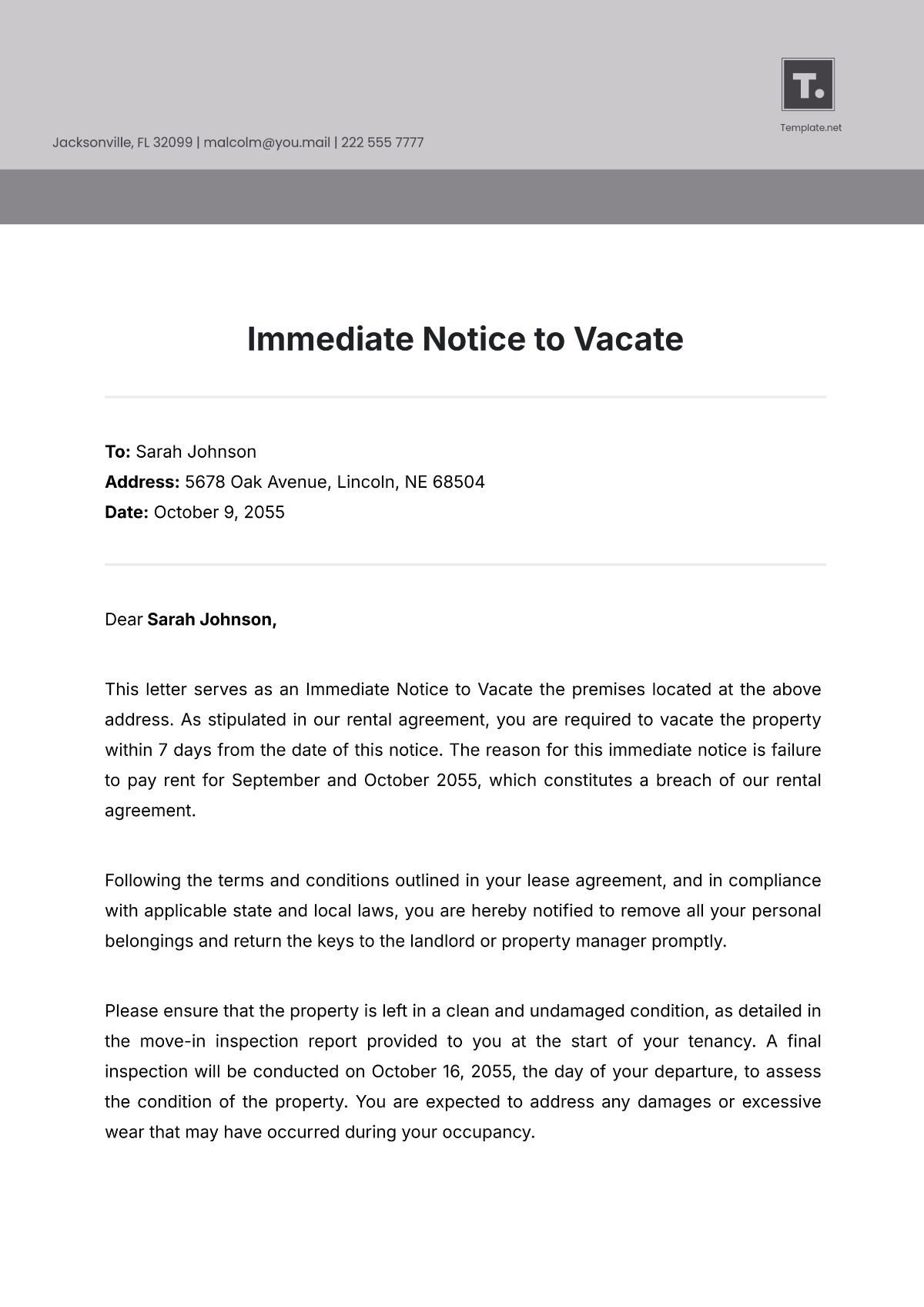 Immediate Notice to Vacate Template - Edit Online & Download