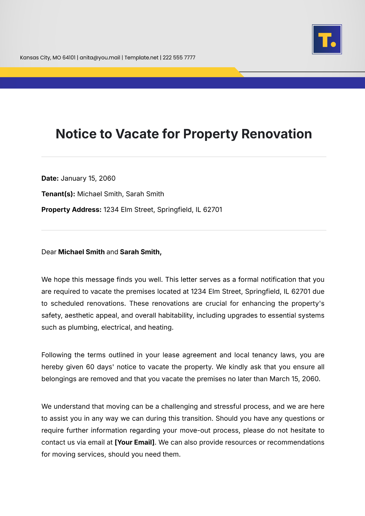 Notice to Vacate for Property Renovation Template - Edit Online & Download