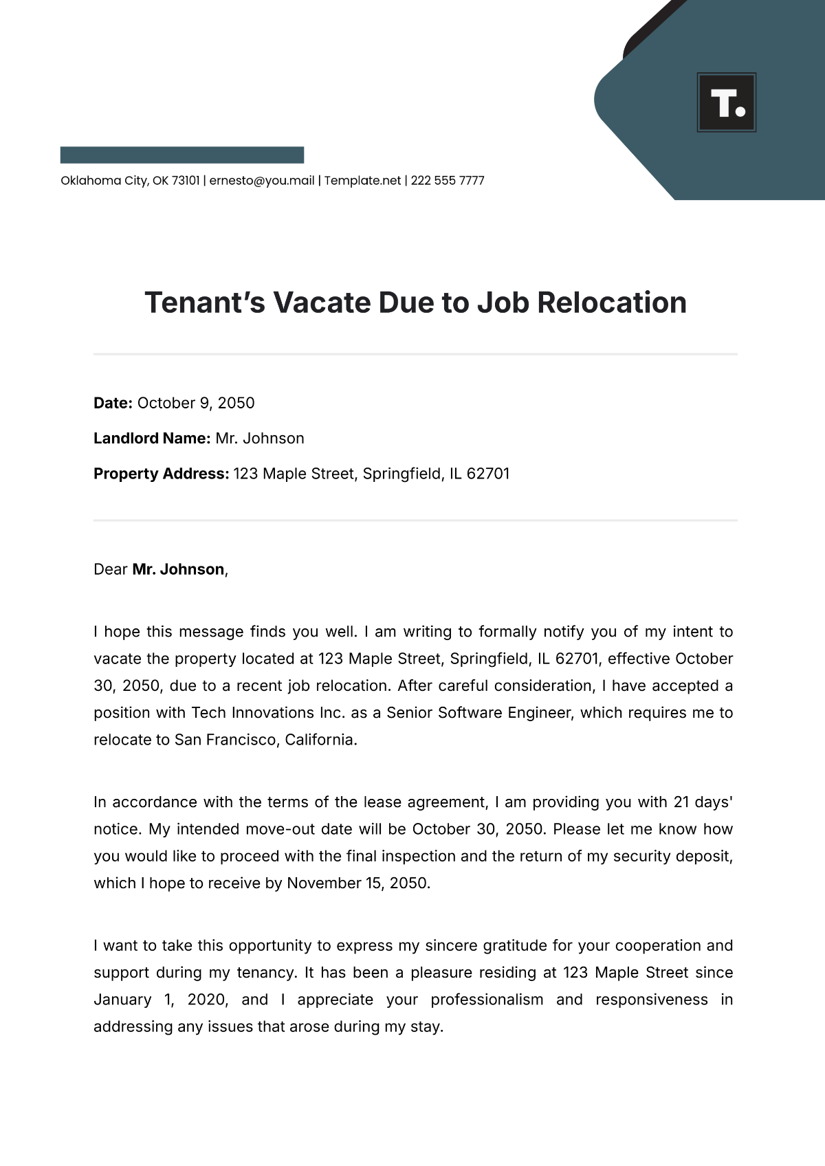 Tenant’s Vacate Due to Job Relocation Template - Edit Online & Download