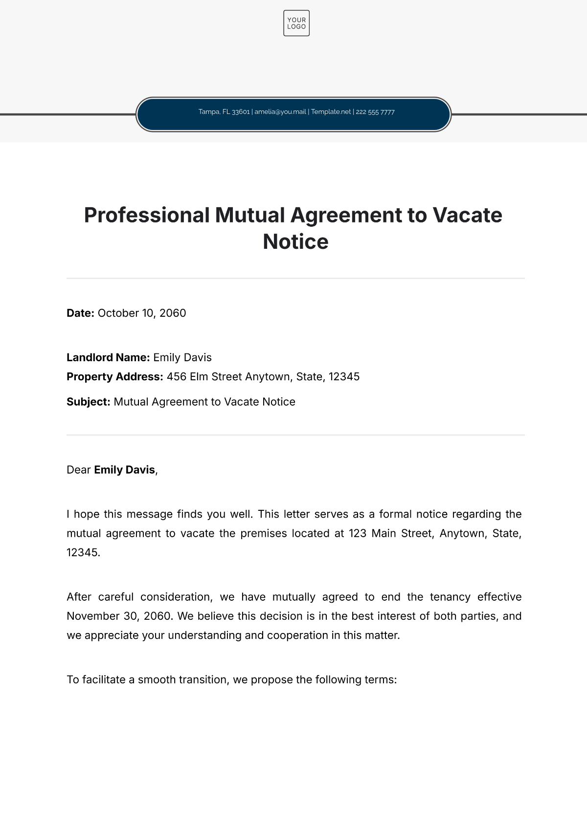 Professional Mutual Agreement to Vacate Notice Template - Edit Online & Download