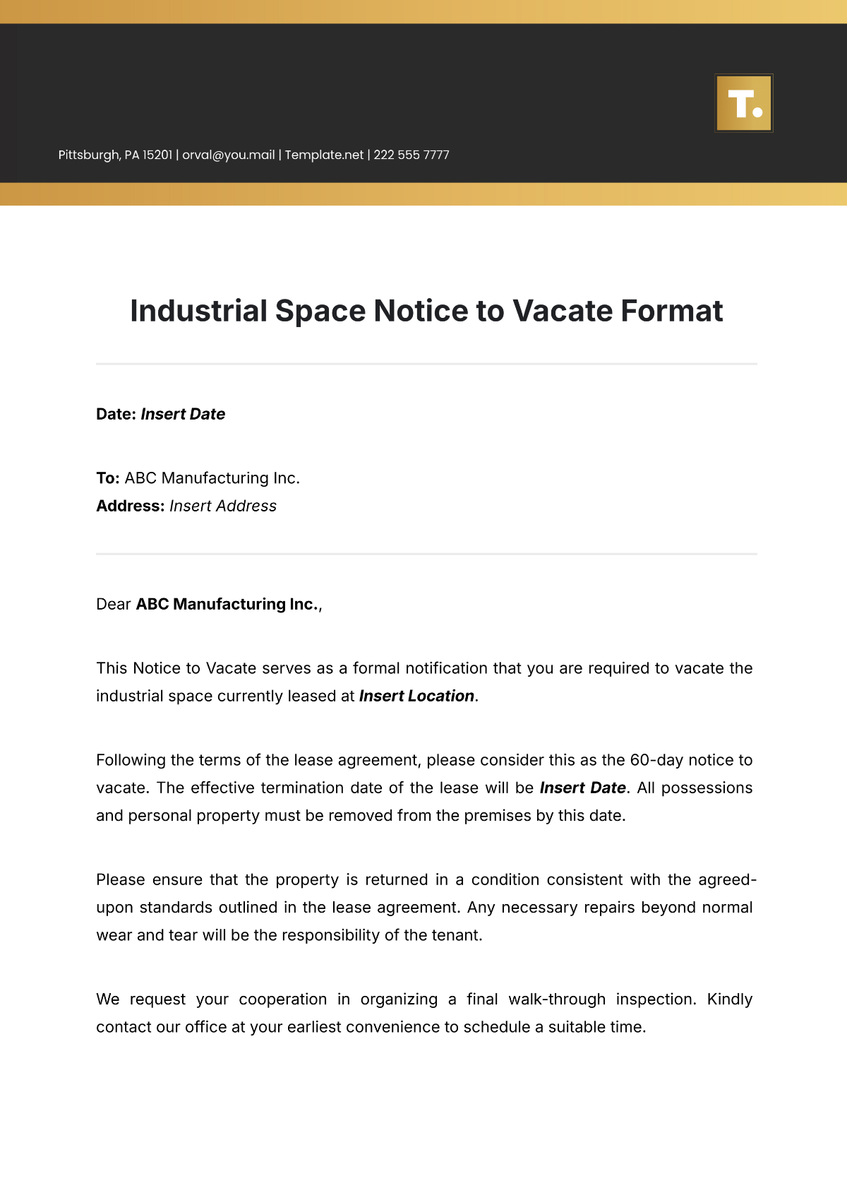 Industrial Space Notice to Vacate Format Template - Edit Online & Download