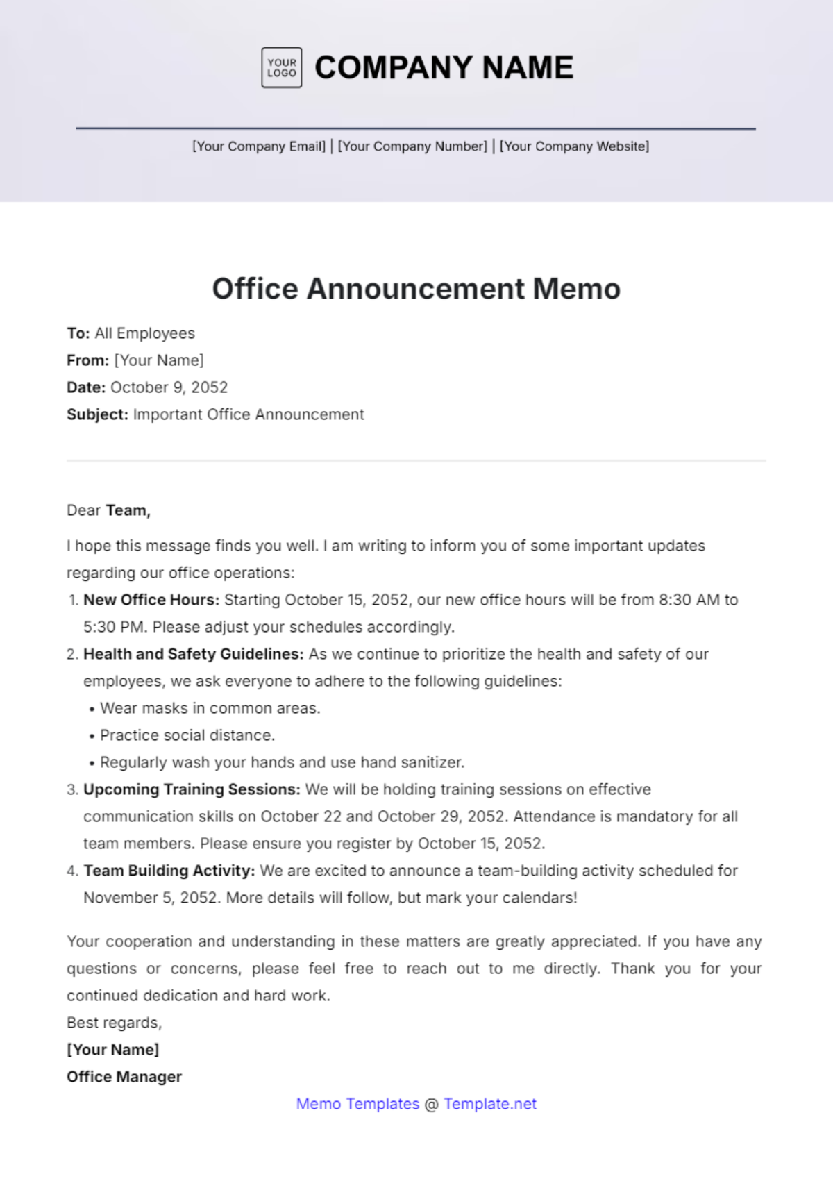 Office Announcement Memo Template - Edit Online & Download