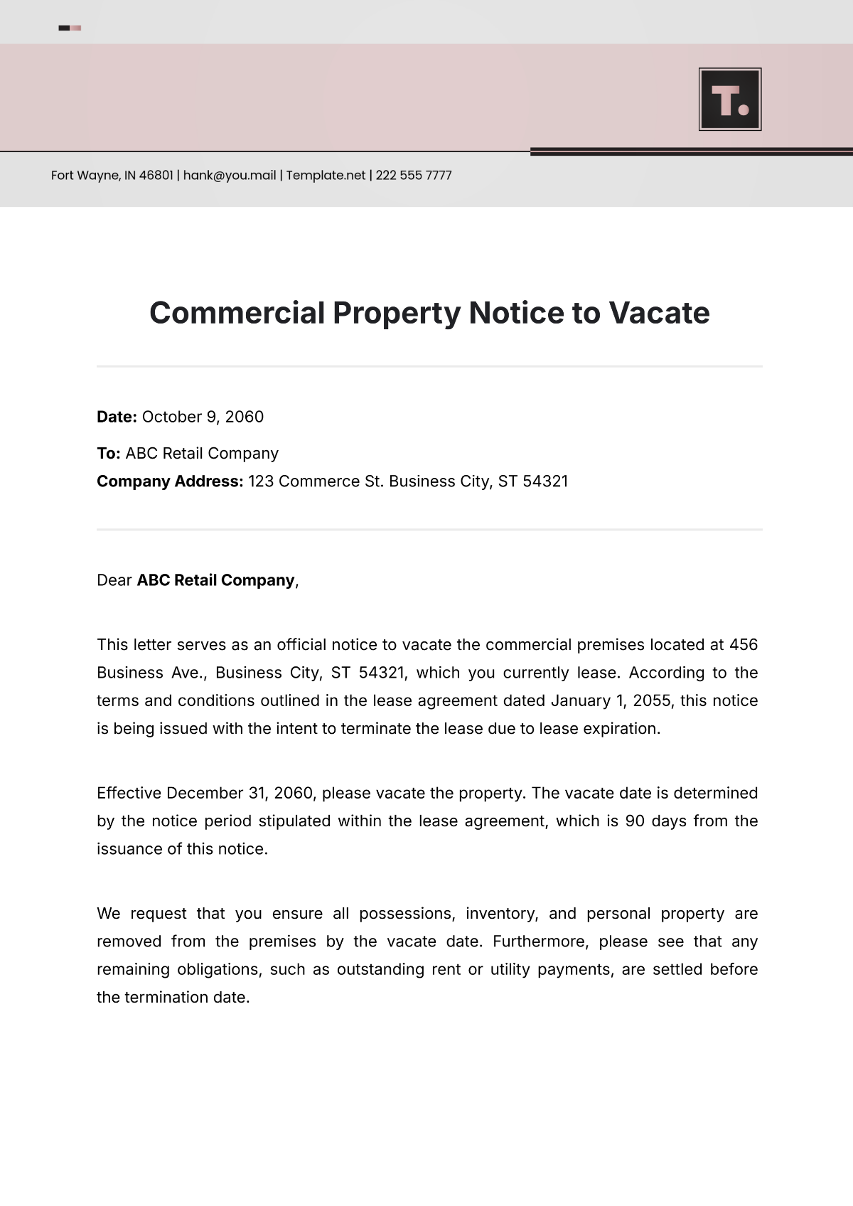 Commercial Property Notice to Vacate Template - Edit Online & Download