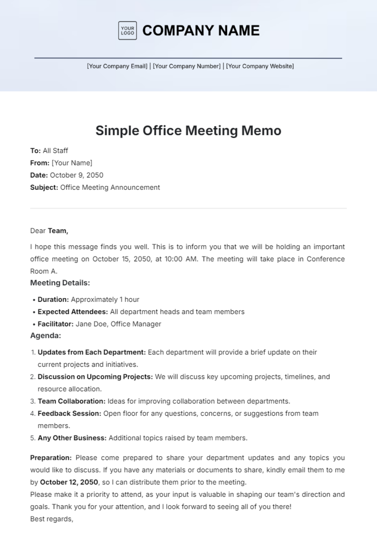 Simple Office Meeting Memo Template - Edit Online & Download