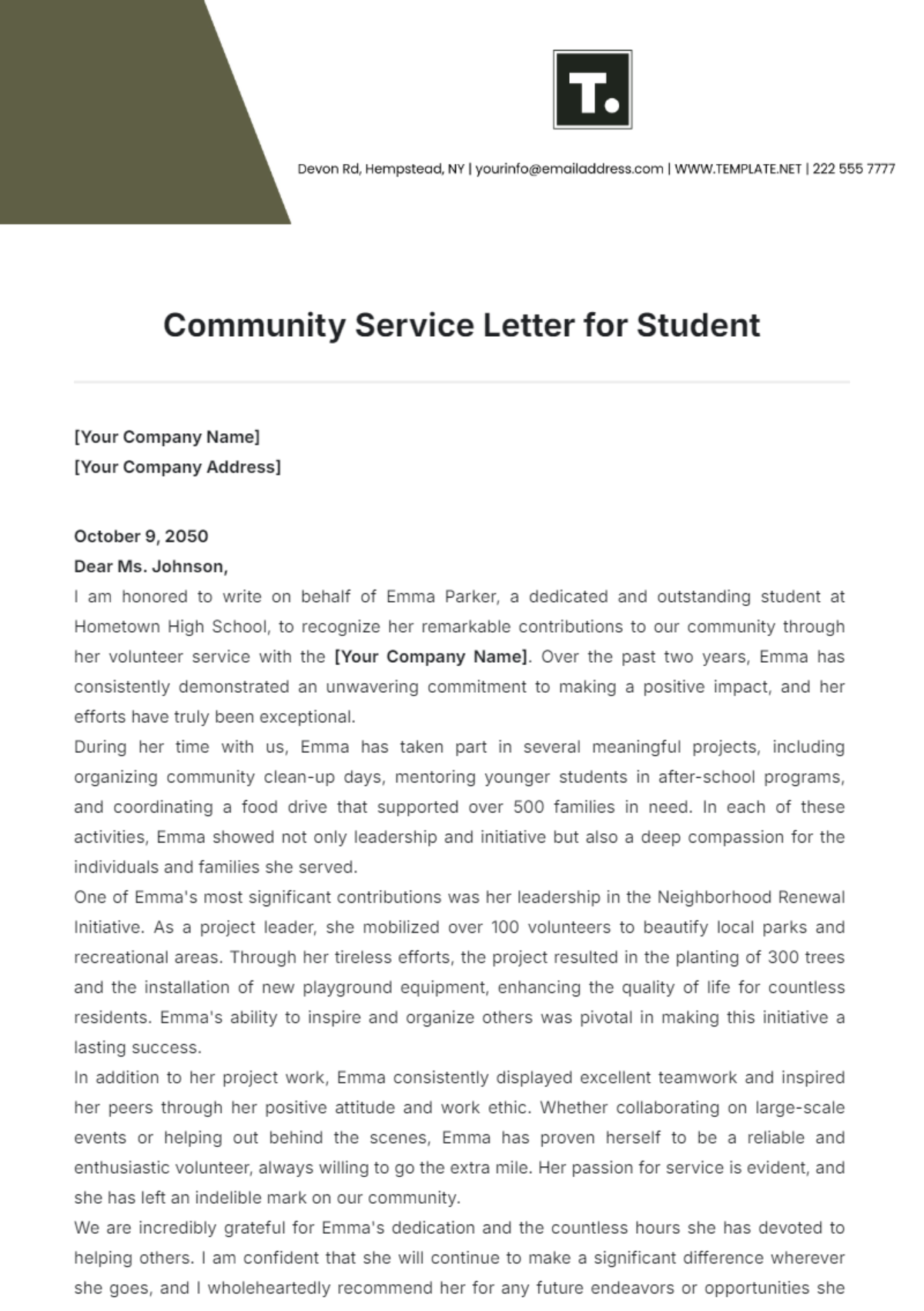 Community Service Letter for Student Template - Edit Online & Download