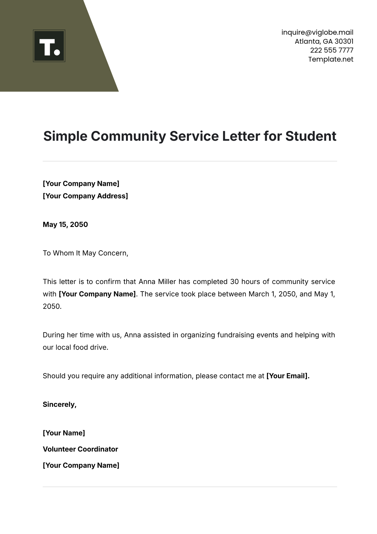 Simple Community Service Letter for Student Template - Edit Online & Download