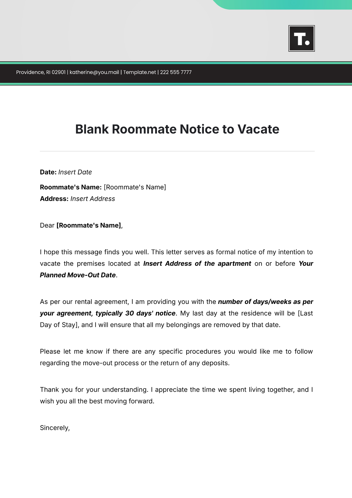 Blank Roommate Notice to Vacate Template - Edit Online & Download