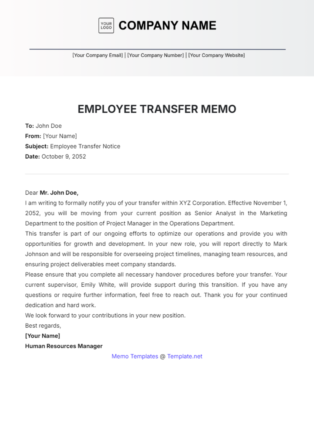 Employee Transfer Memo Template - Edit Online & Download