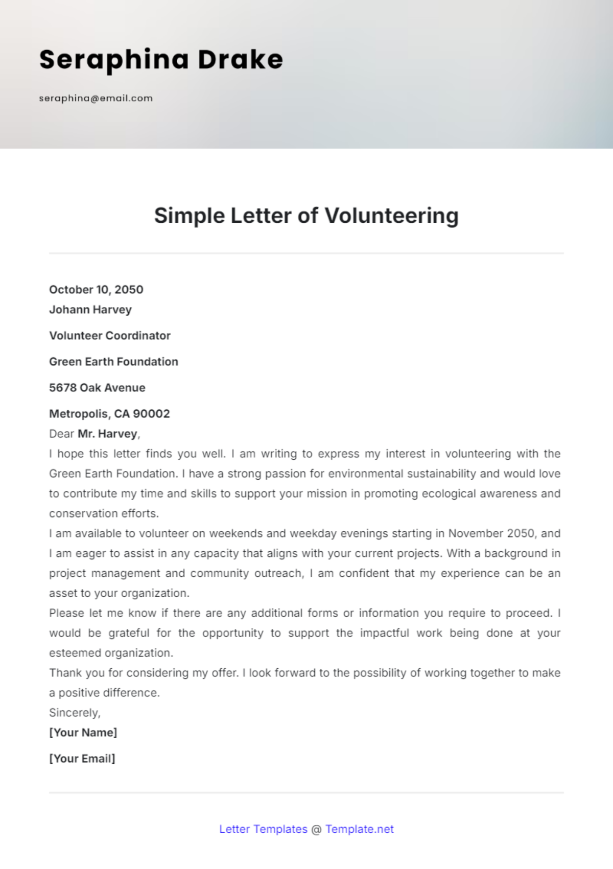 Simple Letter of Volunteering Template - Edit Online & Download