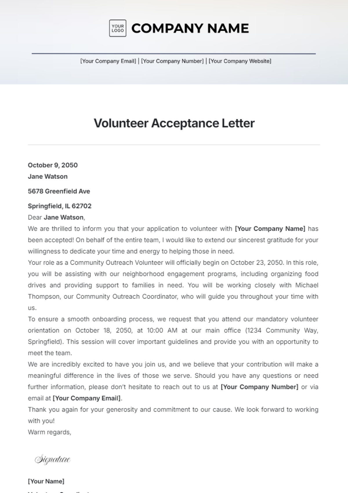 Volunteer Acceptance Letter Template - Edit Online & Download