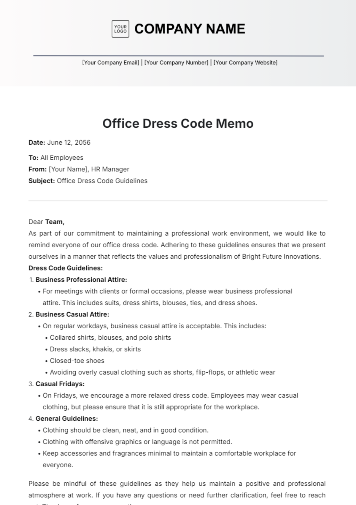 Office Dress Code Memo Template - Edit Online & Download