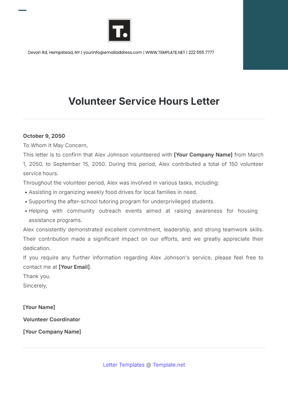 Volunteer Service Hours Letter Template - Edit Online & Download