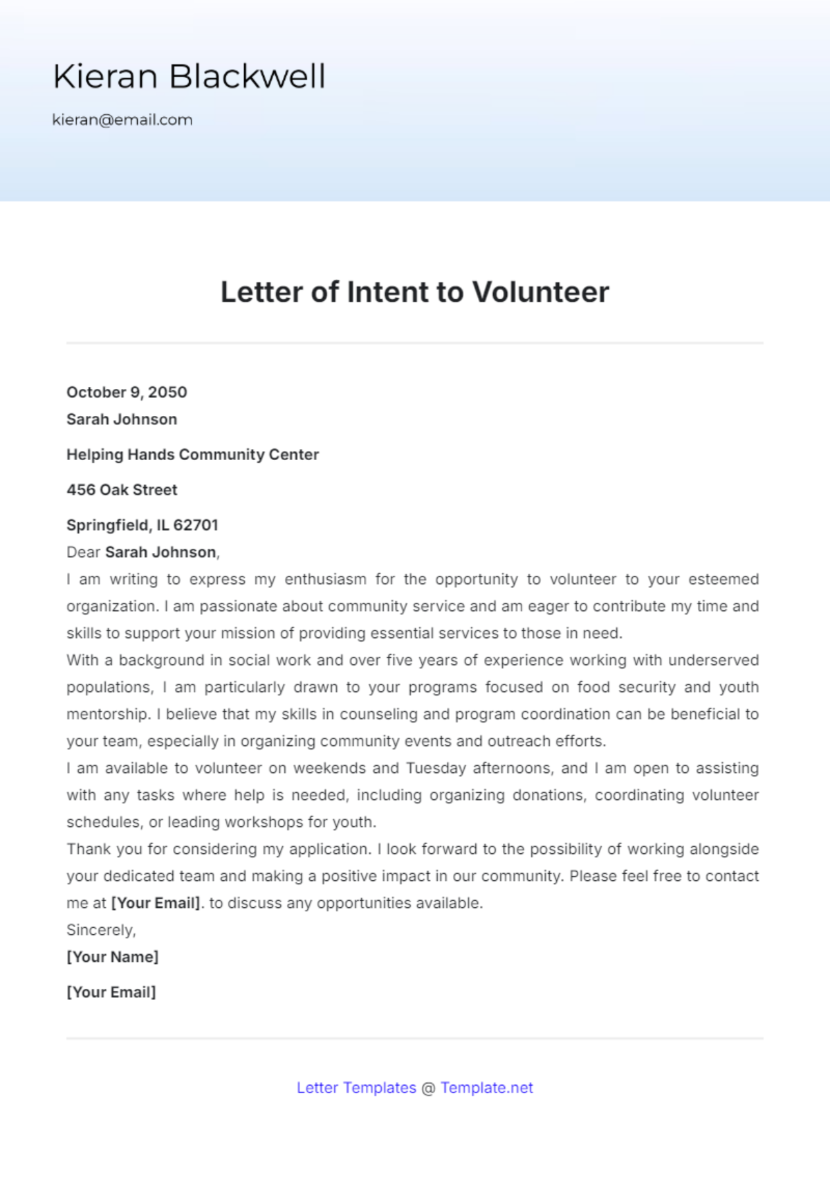 Letter of Intent to Volunteer Template - Edit Online & Download