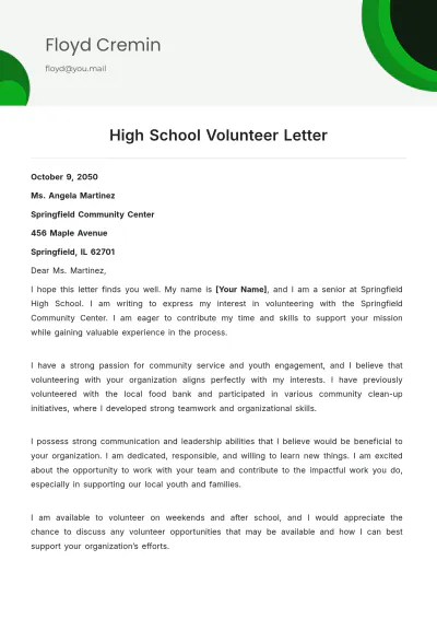 Free High School Volunteer Letter Template to Edit Online