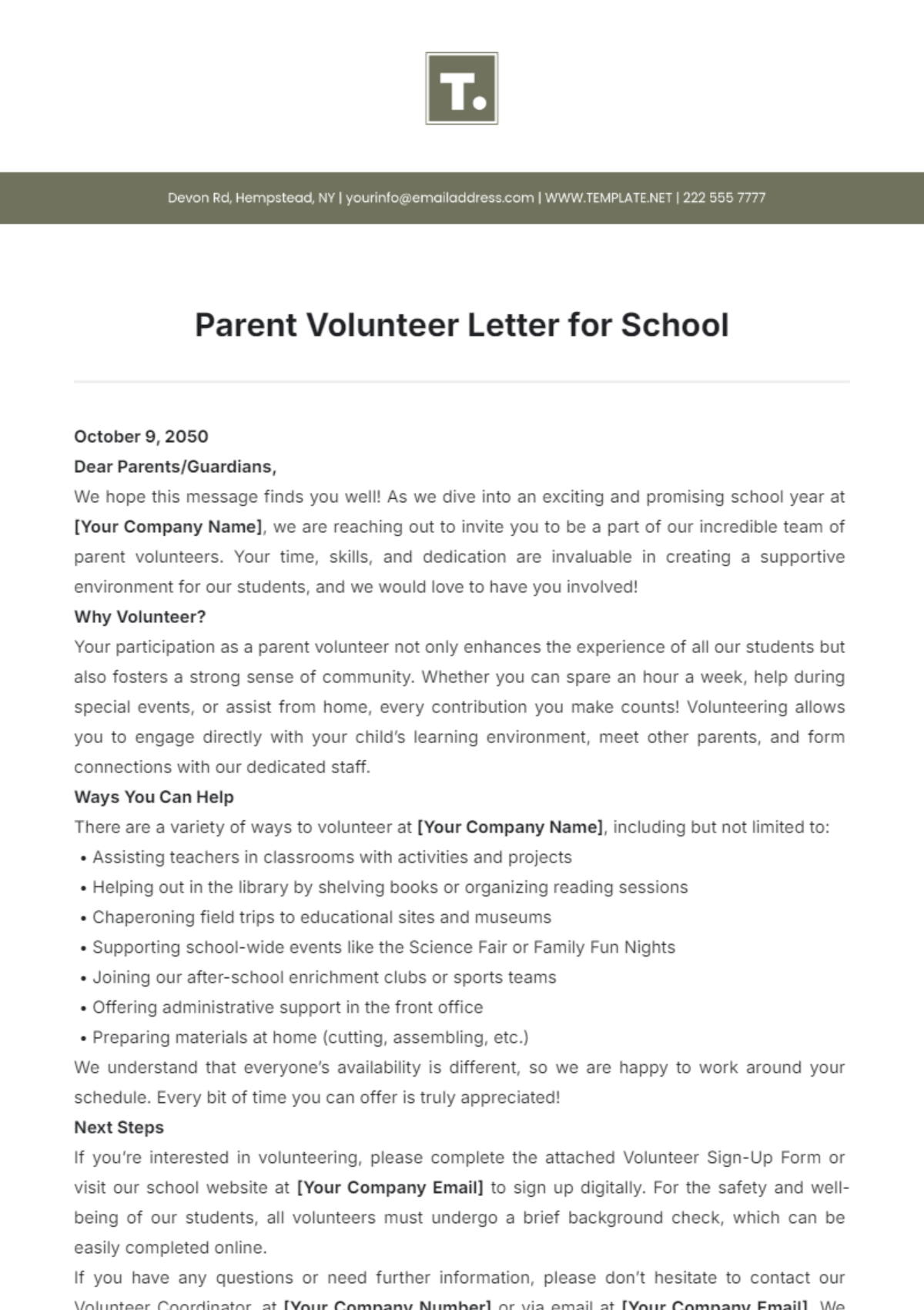 Parent Volunteer Letter for School Template - Edit Online & Download