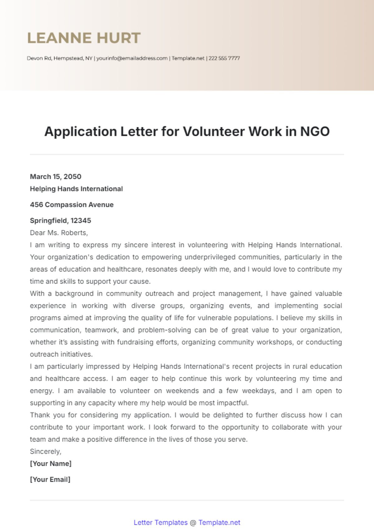 Application Letter for Volunteer Work in NGO Template - Edit Online & Download