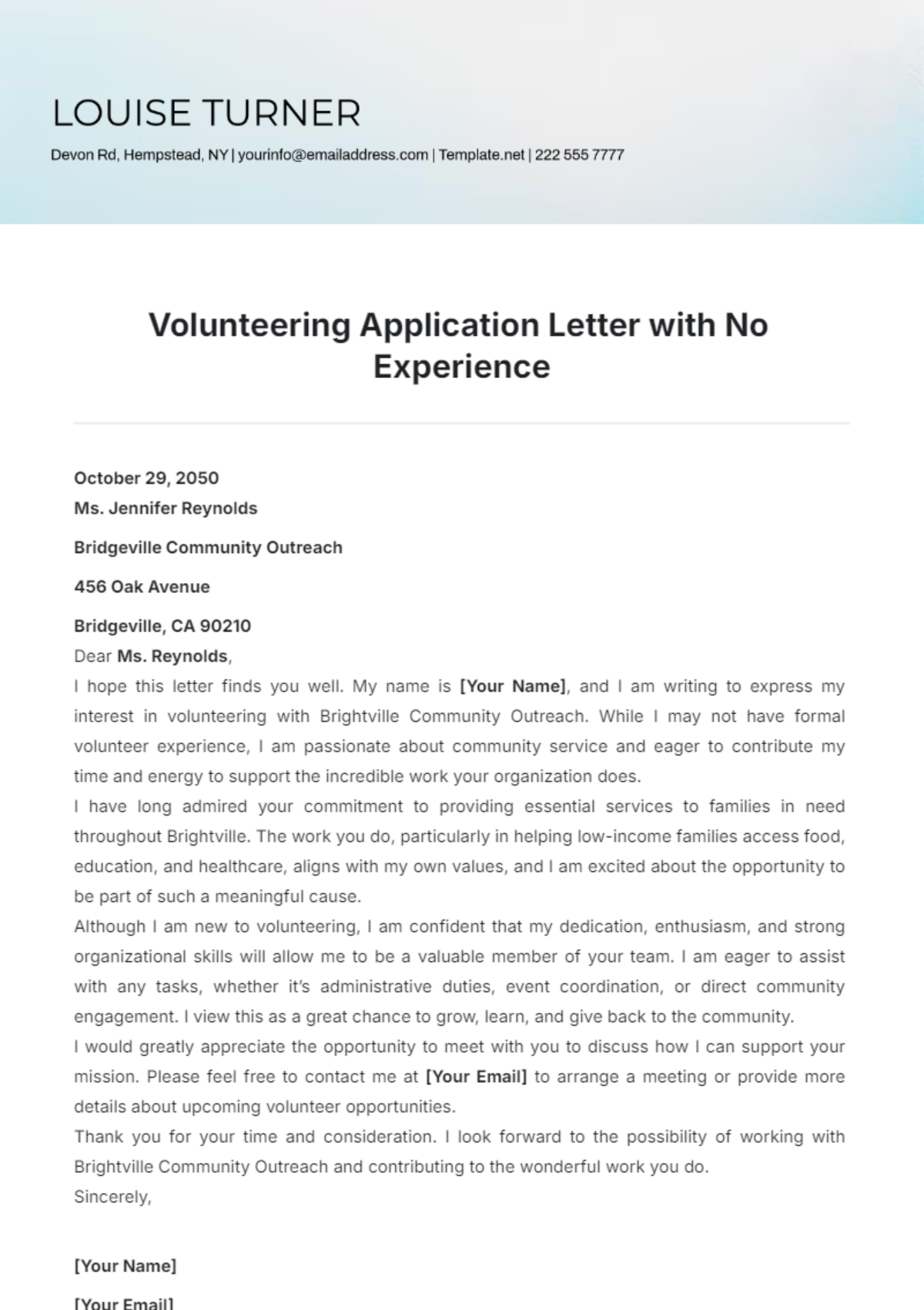 Volunteering Application Letter with No Experience Template - Edit Online & Download