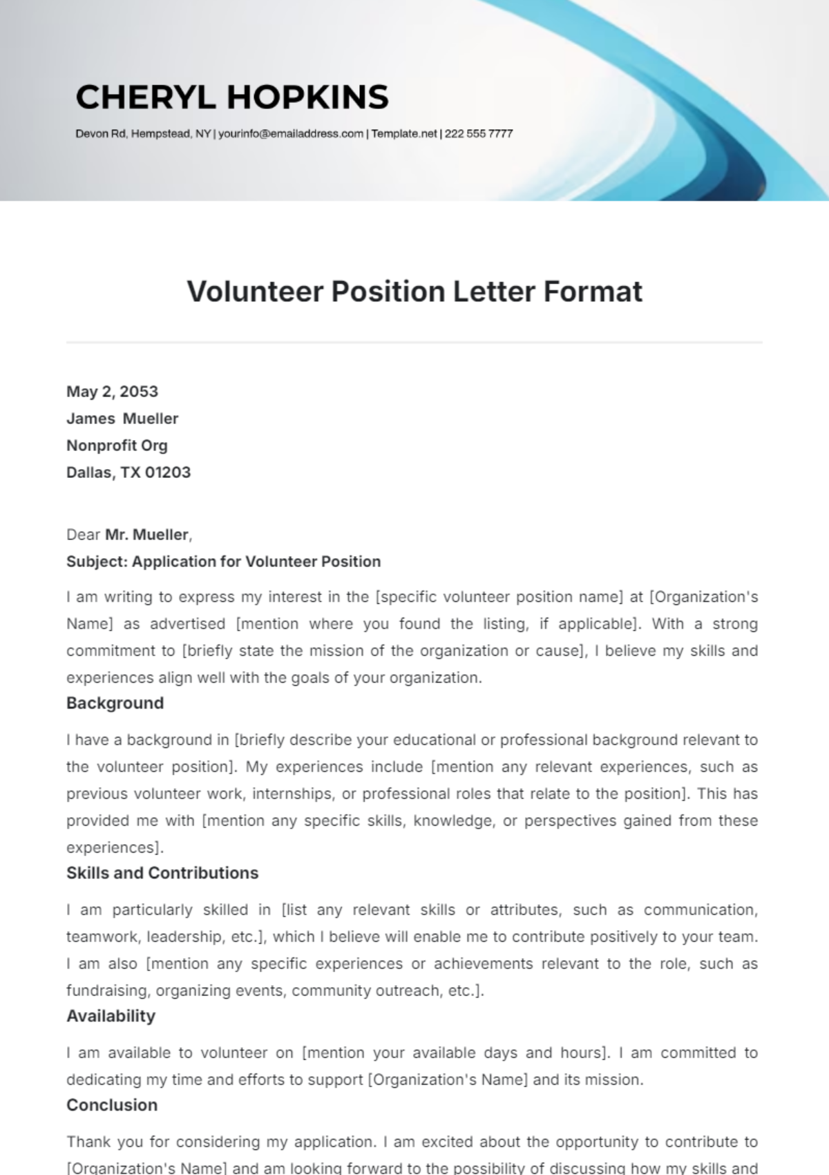 Volunteer Position Letter Format Template - Edit Online & Download