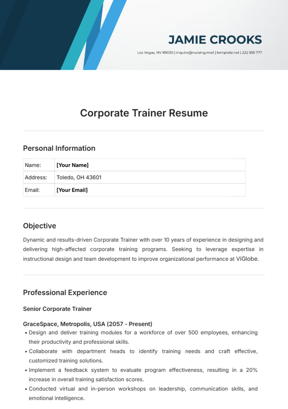 Corporate Trainer Resume Template - Edit Online & Download