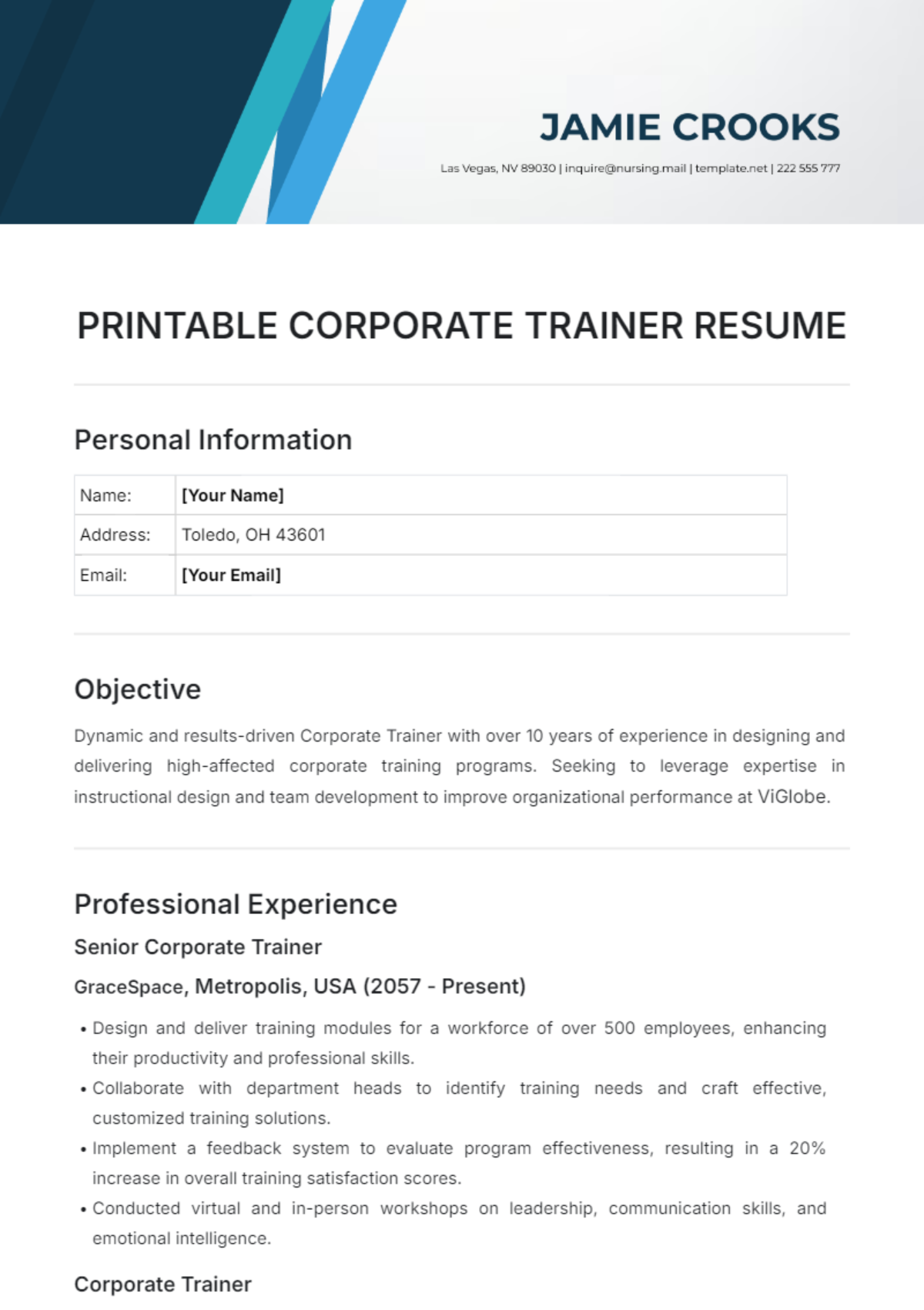 Printable Corporate Trainer Resume Template - Edit Online & Download