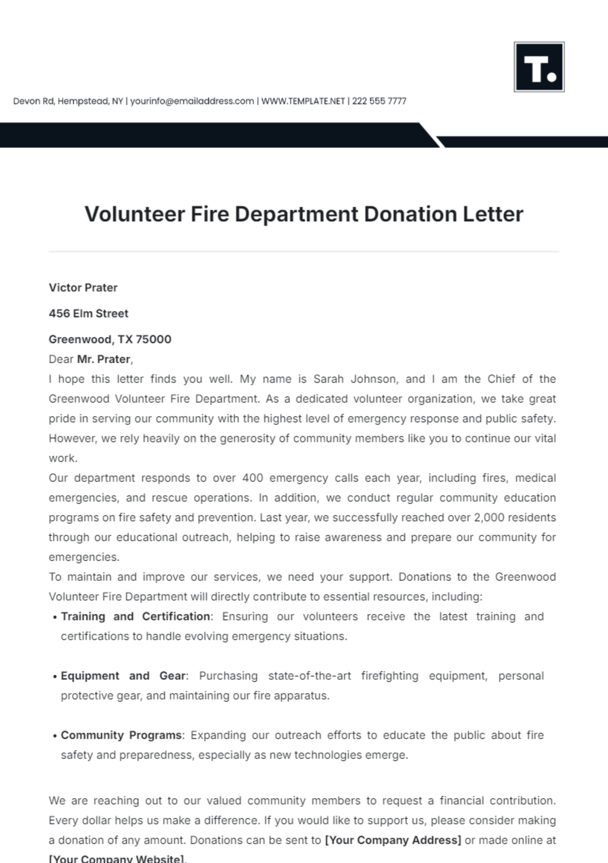 Volunteer Fire Department Donation Letter Template - Edit Online & Download