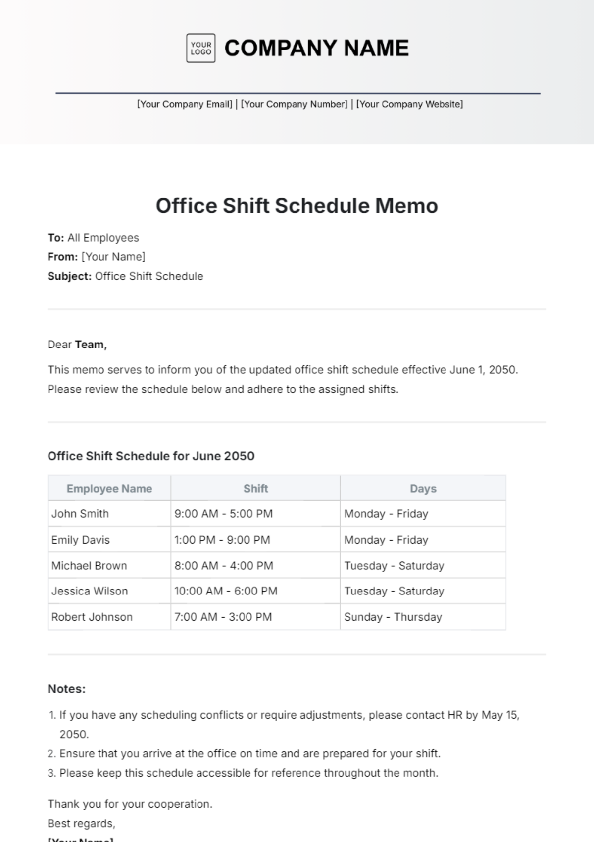 Office Shift Schedule Memo Template - Edit Online & Download