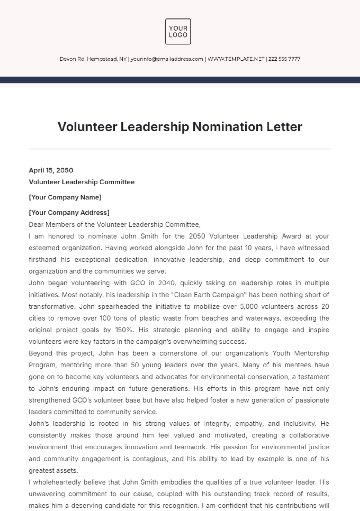 Volunteer Leadership Nomination Letter Template - Edit Online & Download