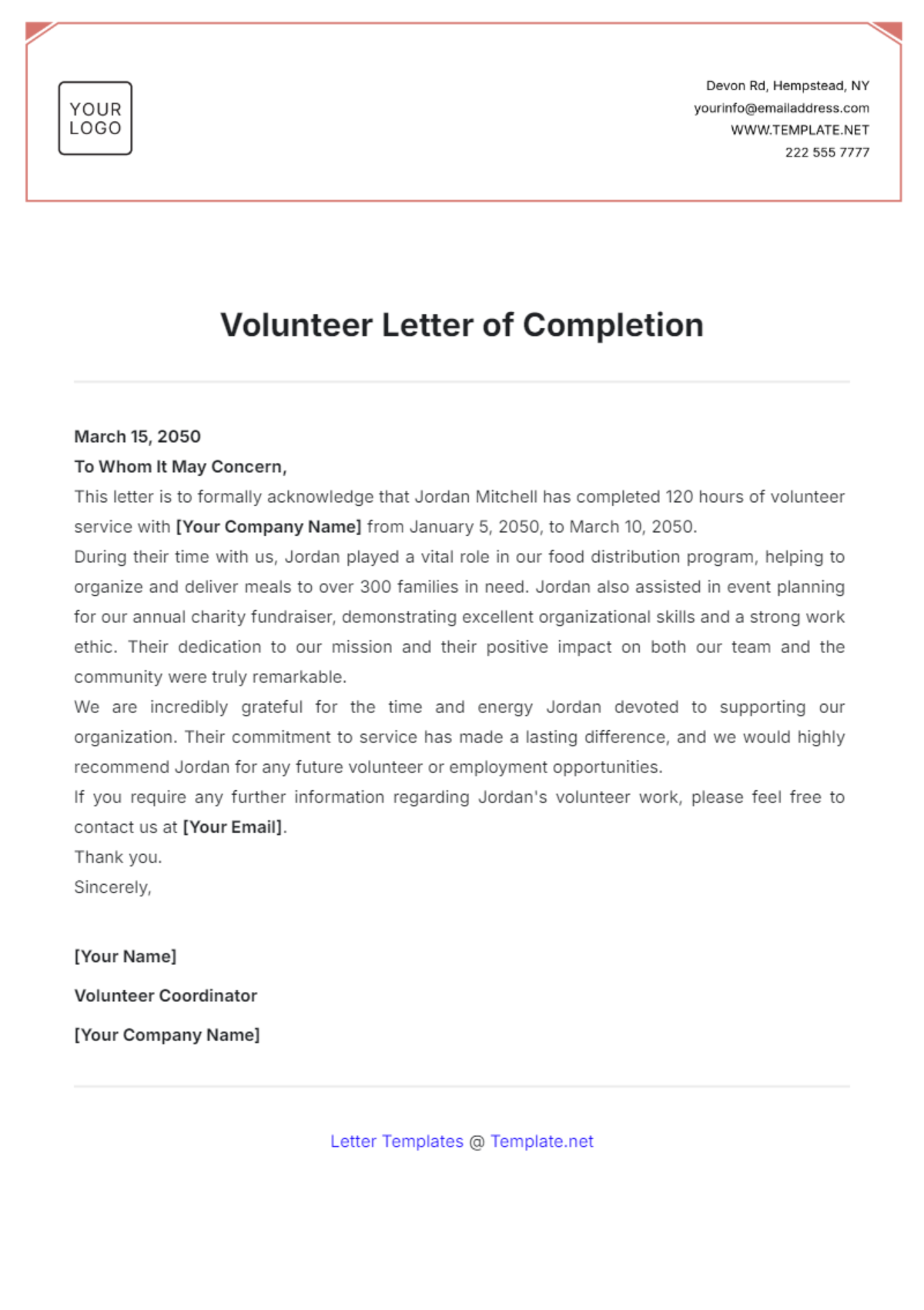 Volunteer Letter of Completion Template - Edit Online & Download