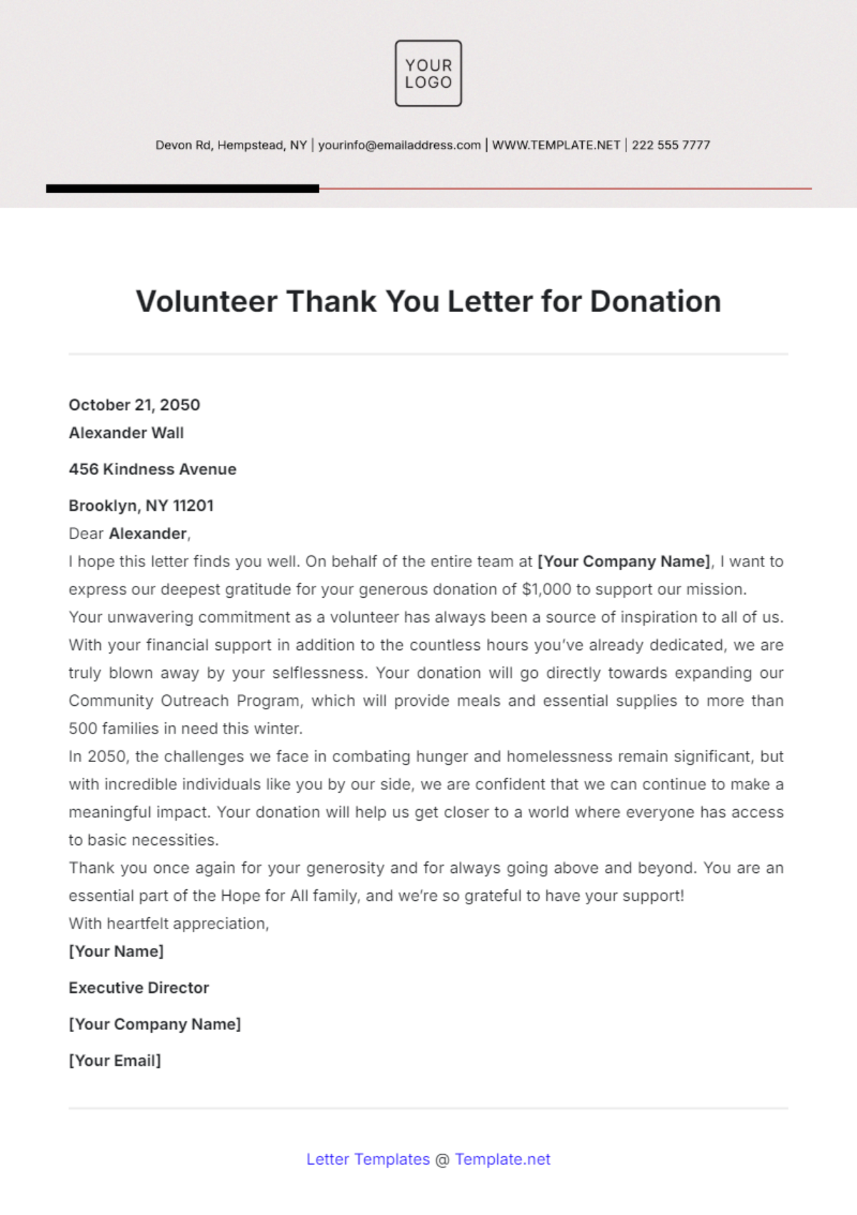 Volunteer Thank You Letter for Donation Template - Edit Online & Download