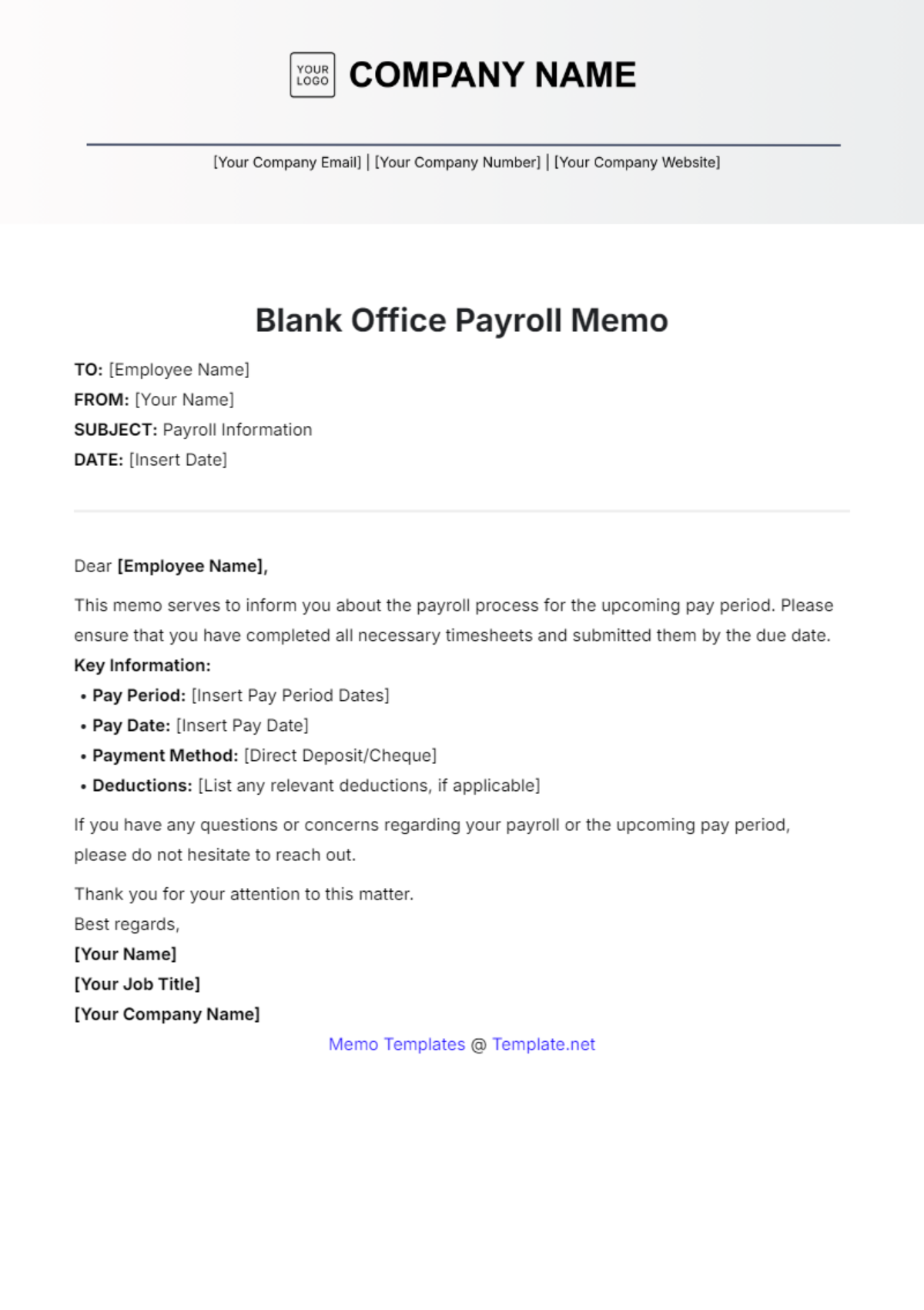 Blank Office Payroll Memo Template - Edit Online & Download