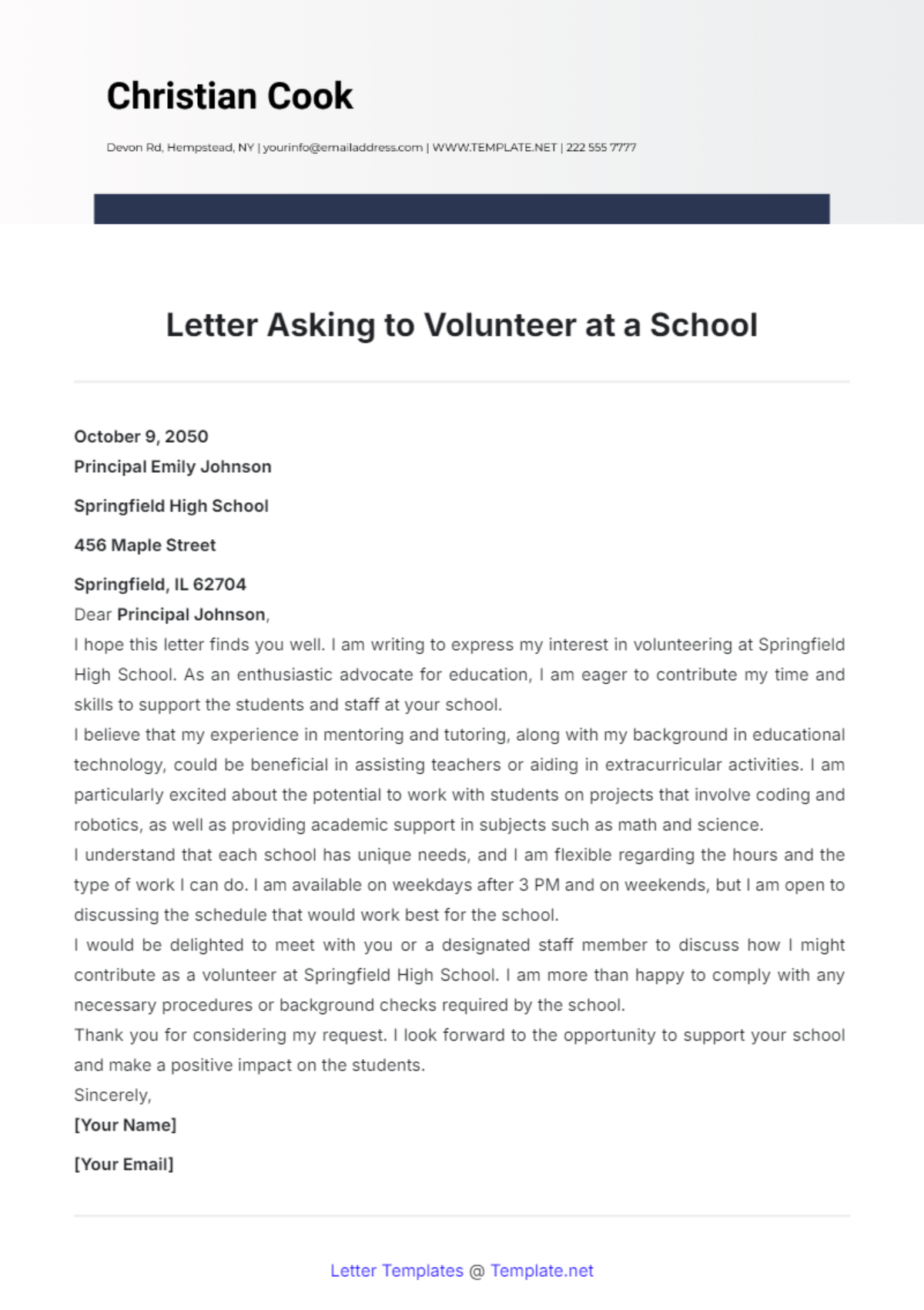 Letter Asking to Volunteer at a School Template - Edit Online & Download