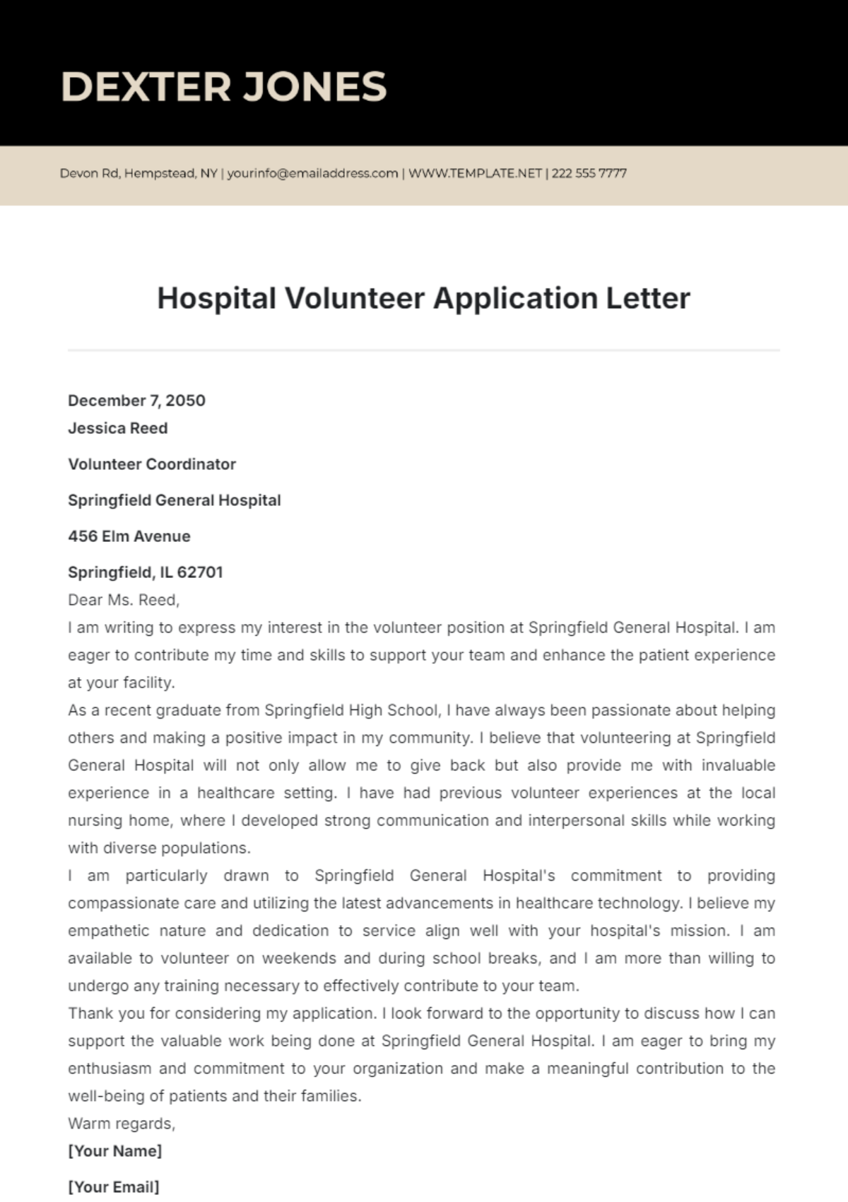 Hospital Volunteer Application Letter Template - Edit Online & Download